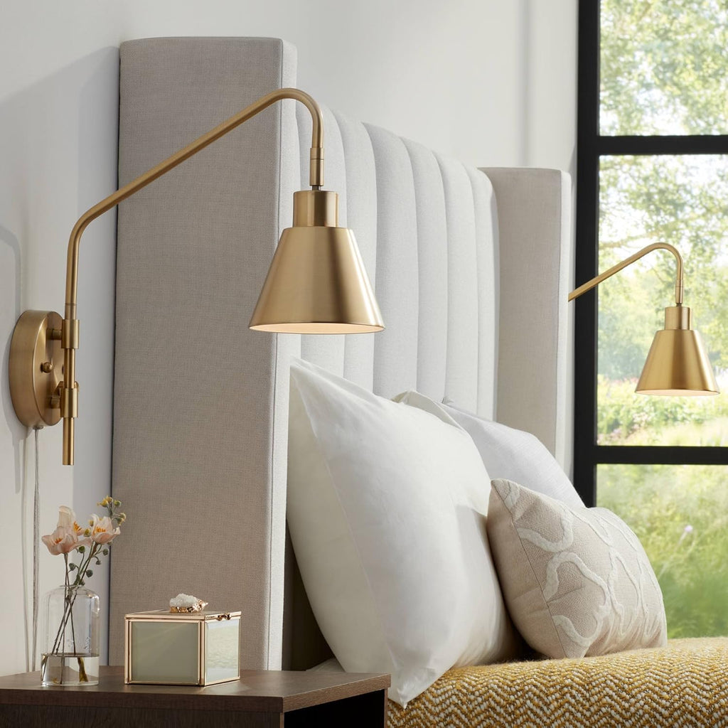 360 Lighting Marybel Modern Adjustable Swing Arm Wall Lamps Set of 2 Brass Gold Plug-in Light Fixture Tapered Cone Metal Shade for Bedroom Bedside House Reading Living Room Home Hallway