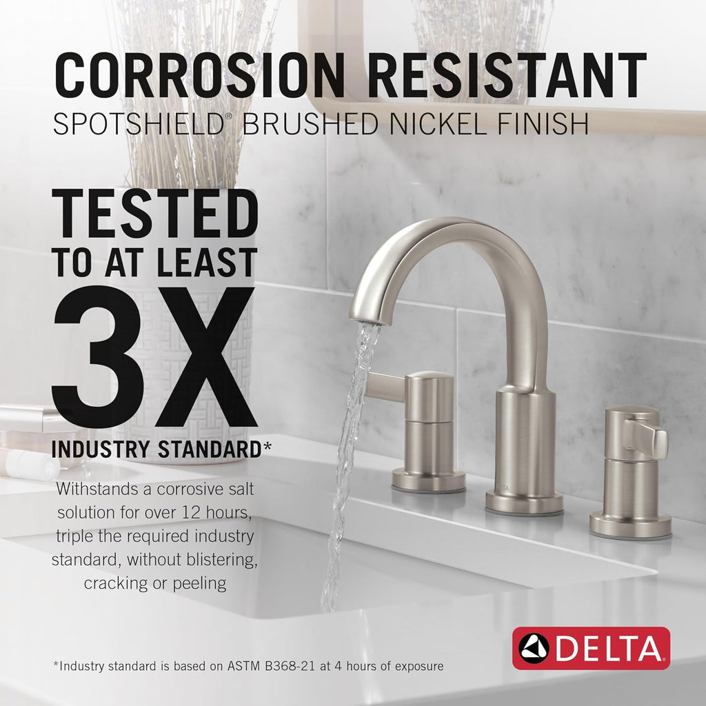 Delta Faucet Albion Widespread Bathroom Faucet 3-Hole, Chrome Bathroom Sink Faucet, 2-Handle Bathroom Faucet, Bath Faucet, Metal Push-Pop Drain Assembly, 1.2 GPM Flow Rate, Chrome 35855LF