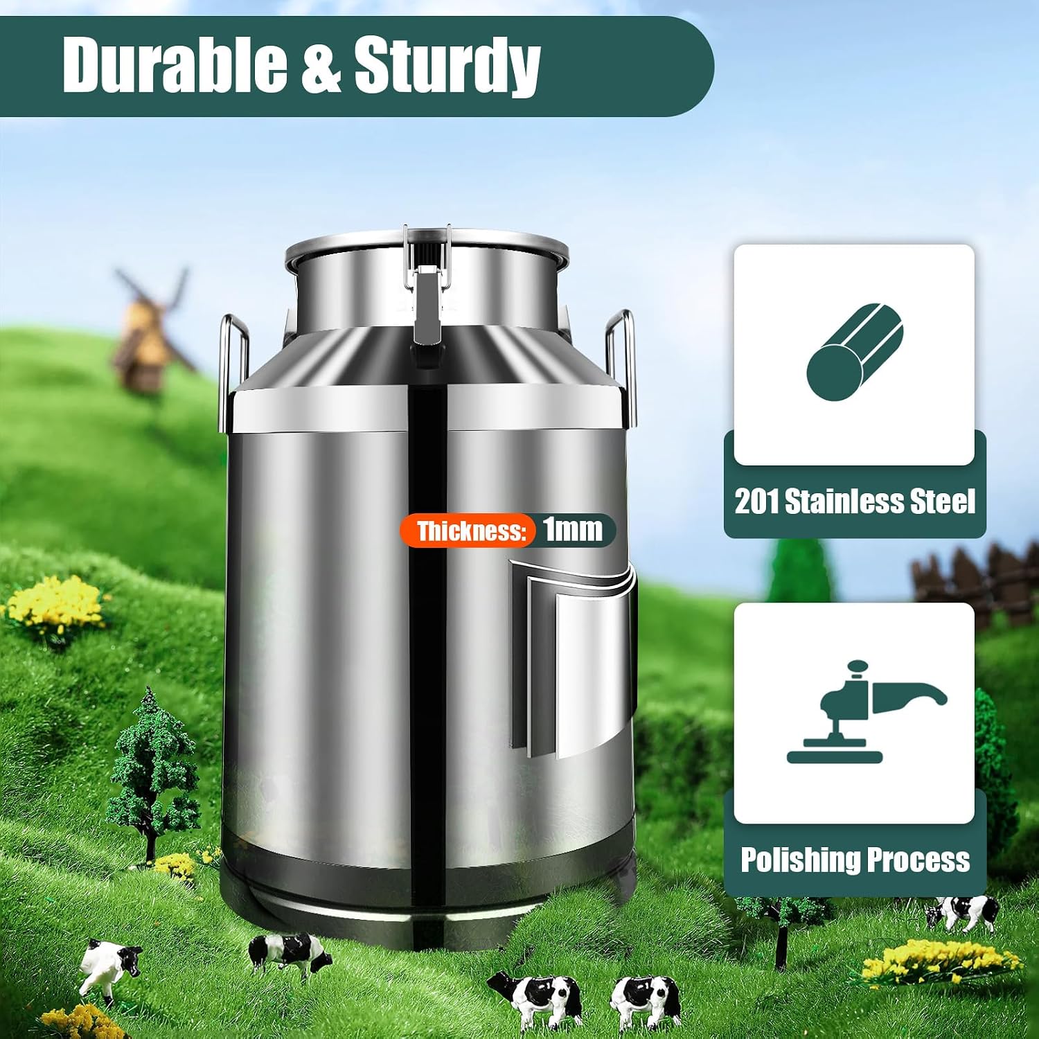 60L Stainless Steel Milk Can Pail Bucket Barrel Canister, Heavy Duty Stainless Steel Milk Can, 1MM Thickness Jug Universal Airtight Metal Ice Bucket with Lid for Storing Oil & Water