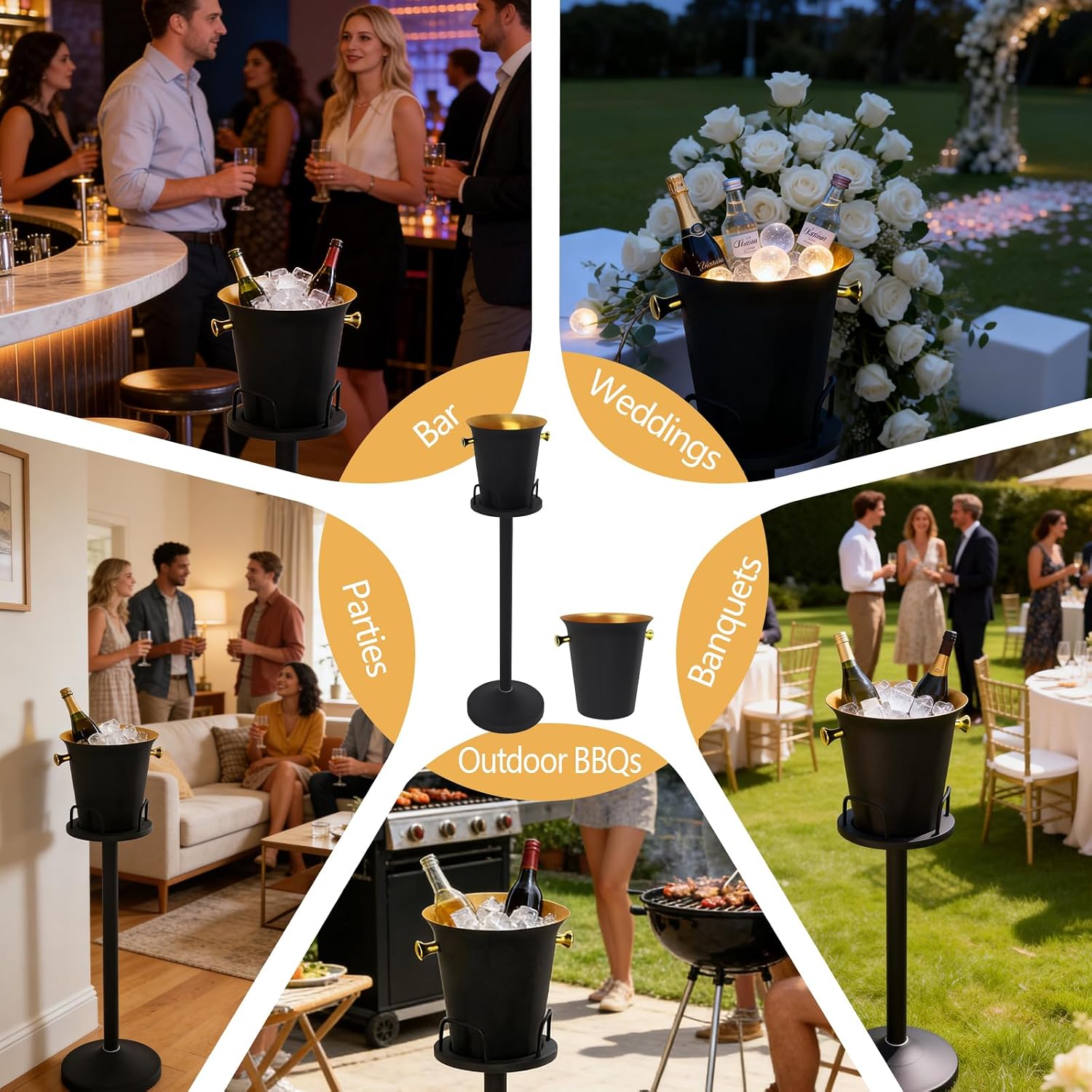 Champagne Bucket with Stand, Wine Bucket Stand with 5L Bucket, Stainless Steel Standing Ice Buckets for Bar, KTV, Hotel, Party, Gathering (Matte Black, 2 Packs)
