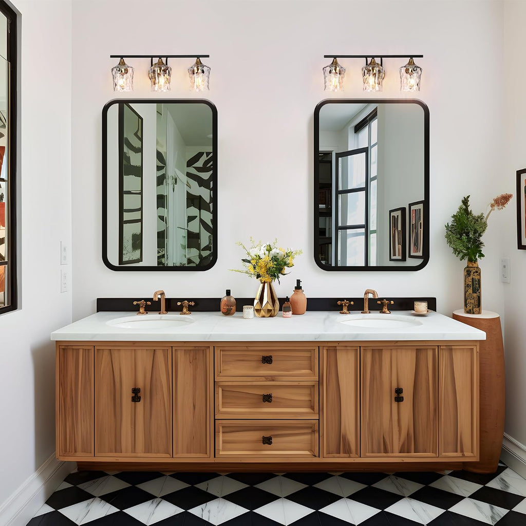 KSANA Black and Brass Vanity Light, Modern Black Gold Bathroom Light Fixtures with Water Textured Glass Shade, 3-Light Bathroom Lighting Over Mirror