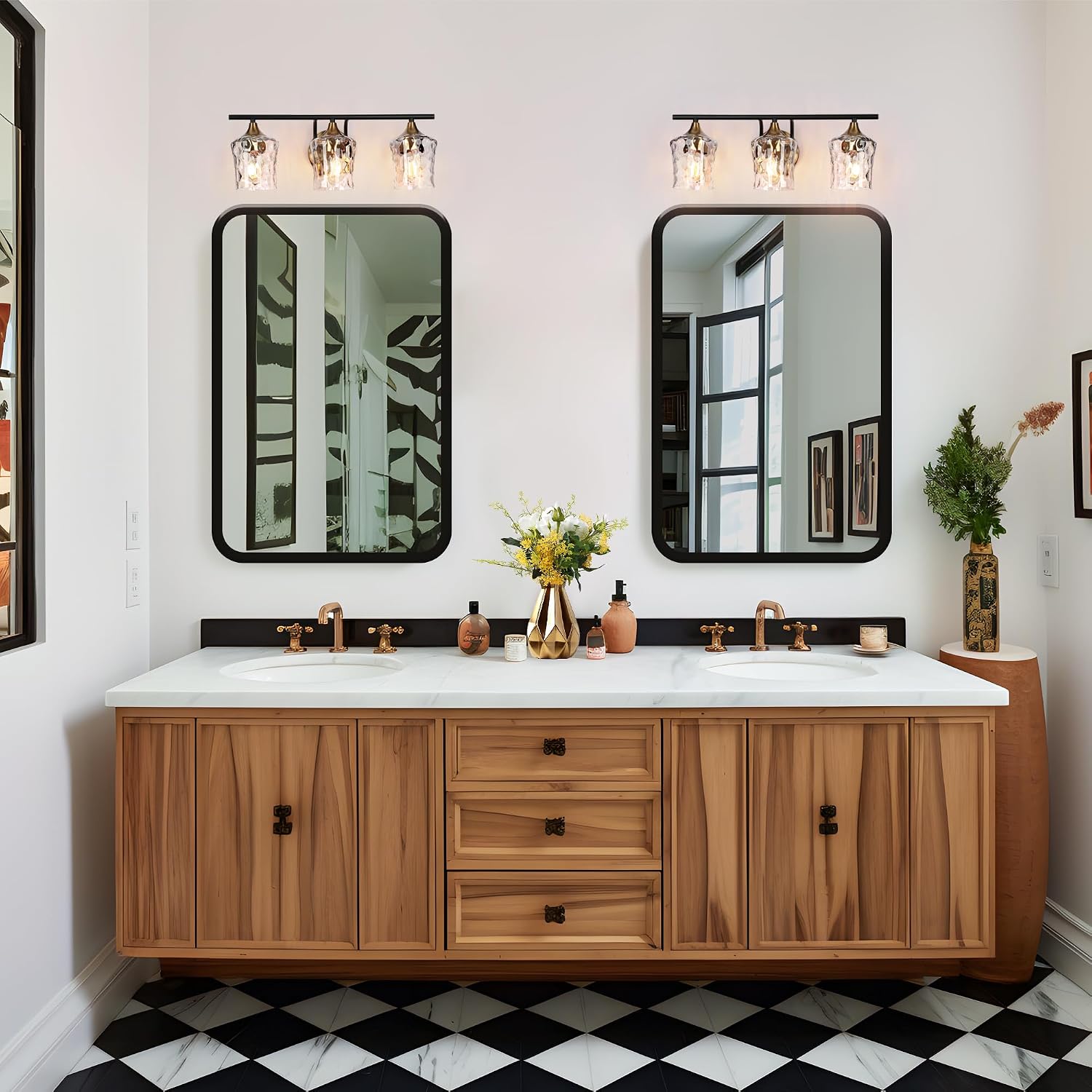 KSANA Black and Brass Vanity Light, Modern Black Gold Bathroom Light Fixtures with Water Textured Glass Shade, 3-Light Bathroom Lighting Over Mirror