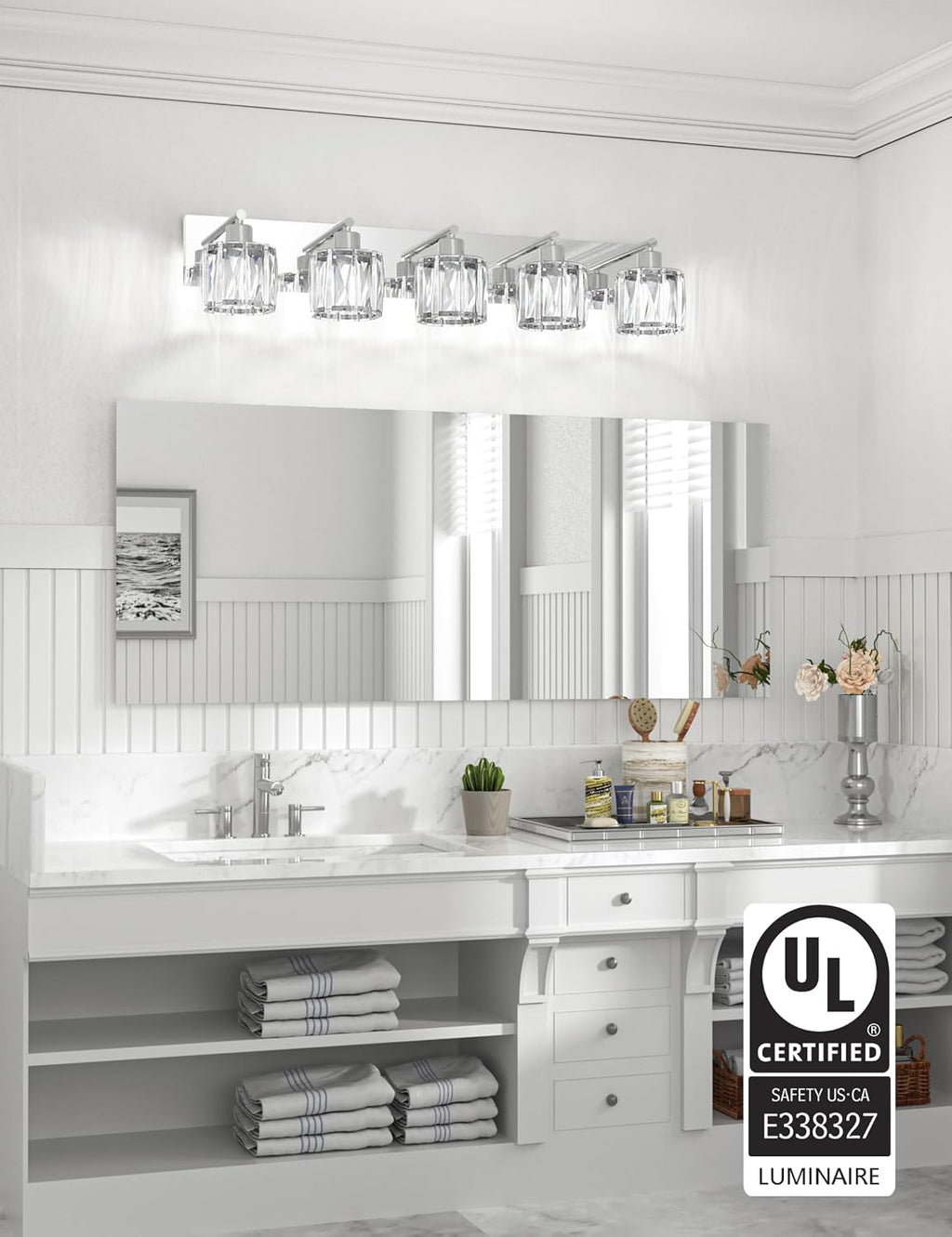 VOLISUN Crystal Vanity Lights for Bathroom, 5 Light Modern Stainless Steel Bathroom Light Fixtures Over Mirror, Chrome with Glass Lampshade - UL Certificated (Exclude Bulb)