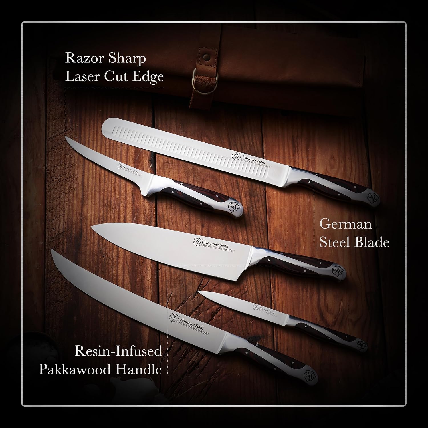 Hammer Stahl BBQ Knife Set | 5 Knives with Engraved Leather Roll | The Essential Barbecue Tools | High Carbon German Forged Stainless Steel Blades