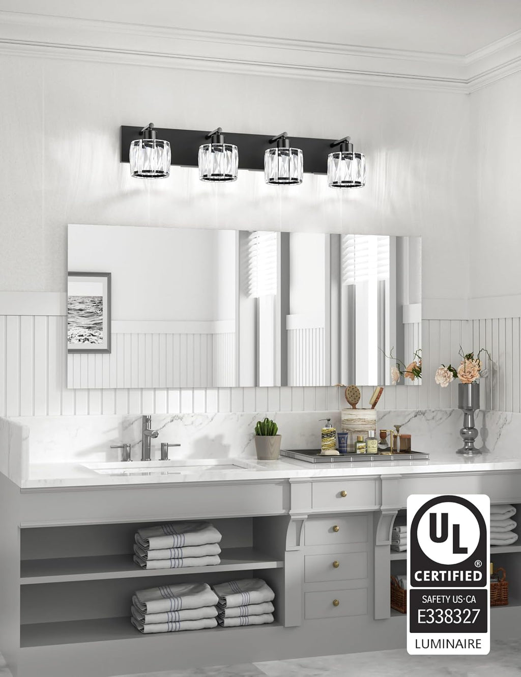 VOLISUN Crystal Vanity Lights for Bathrooms, 4 Light Bathroom Vanity Light, Modern Matte Black Bathroom Light Over Mirror, Black Bathrooms Lights Fixtures-UL Certificated(Exclude Bulb)