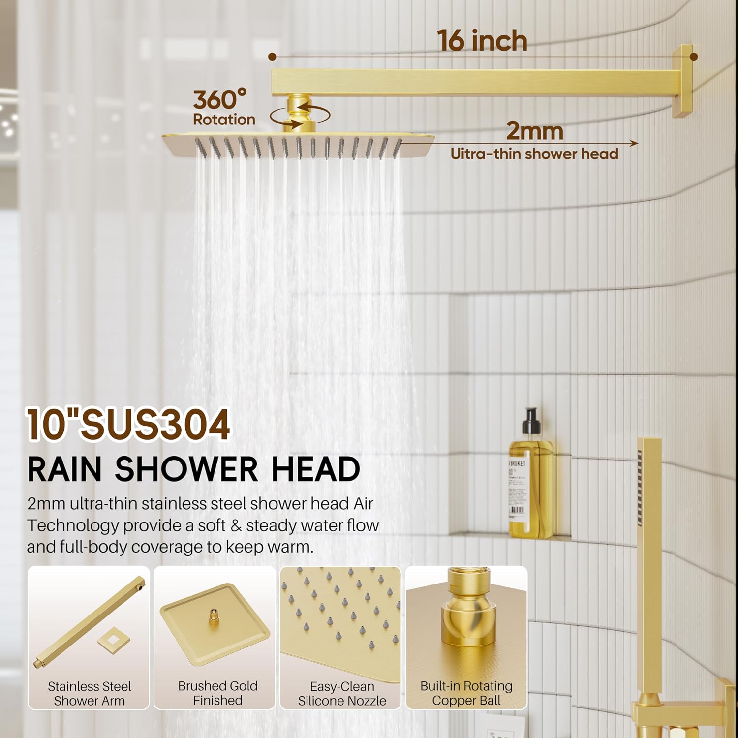 Gold Shower System, Shower Faucet Set with 10' Rain Showerhead and Handheld Combo Spray, Bathroom Wall Mounted High Pressure Shower Combo Set Included Valve and Trim, Brushed Gold