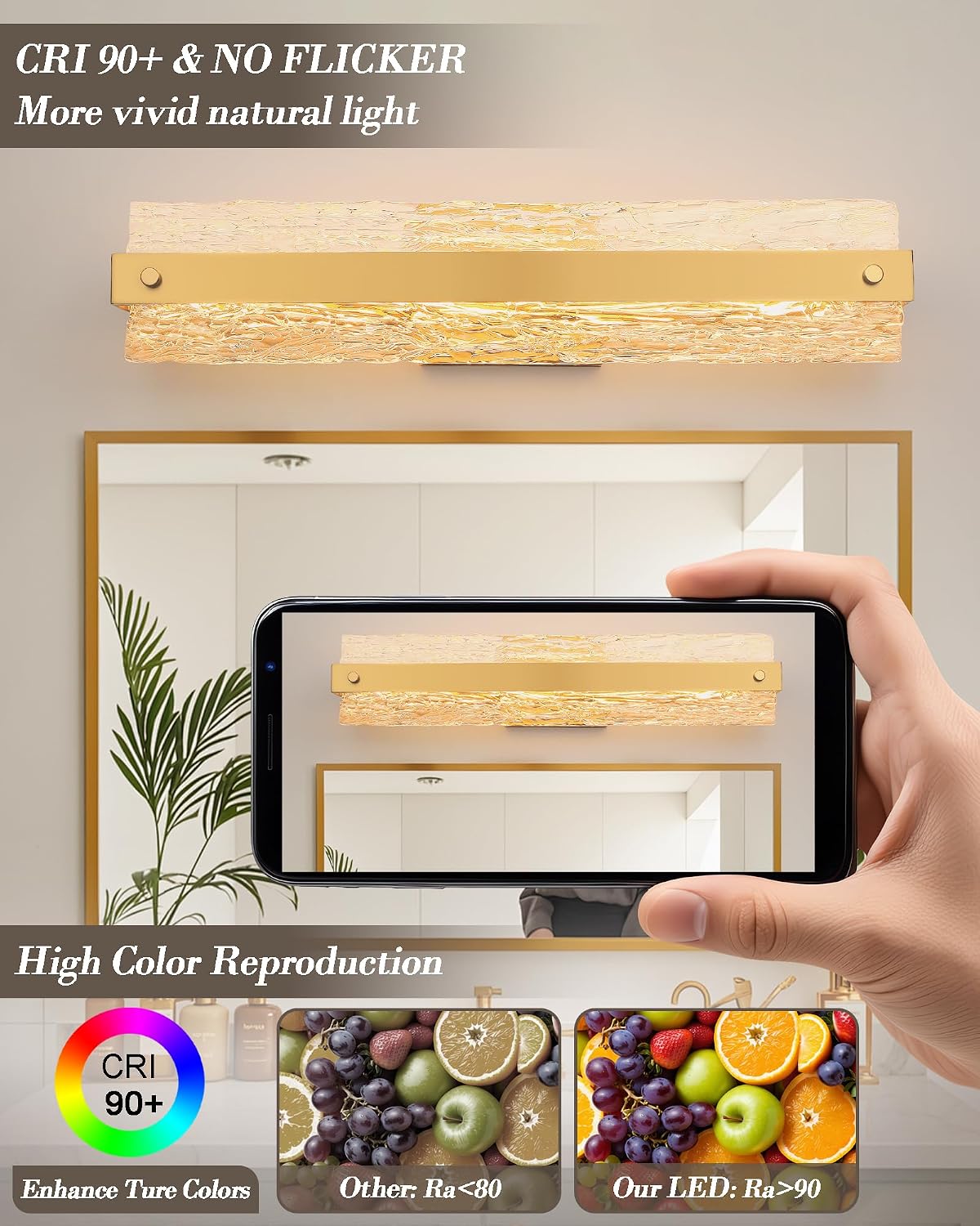 Brushed Gold LED Bathroom Vanity Light, 24.4 Inch 15W Modern Dimmable Bathroom Light Fixture Over Mirror, Crystal Bar Wall Sconce Lighting for Bath, 3CCT, OS-MM5001-3BG