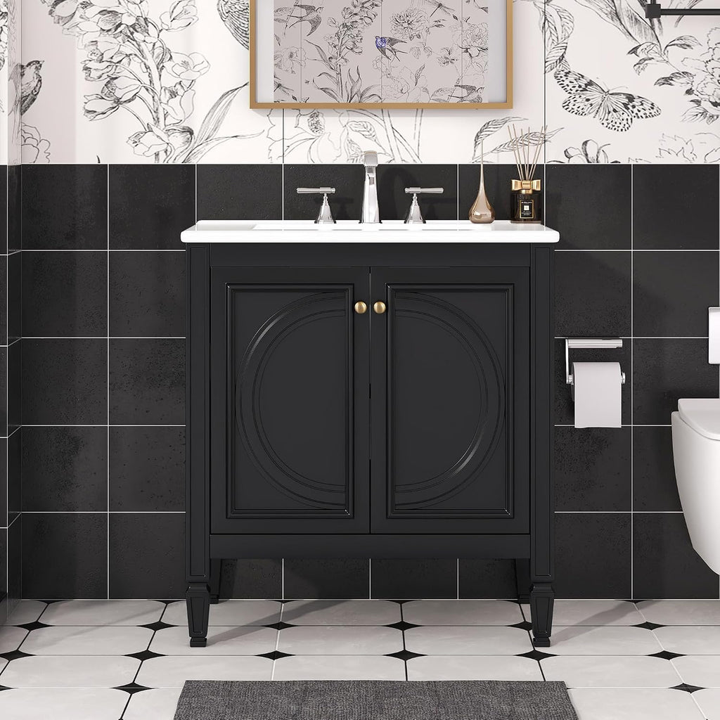 30 Inch Black Bathroom Vanity with Sink,Vintage Bathroom Sink Cabinet 30 Inch,Drop-In with Integrated Countertop,2 Storage Door Organizers & Sliding Tray,Adjustable Shelf,Soft Closing,Solid Wood Frame