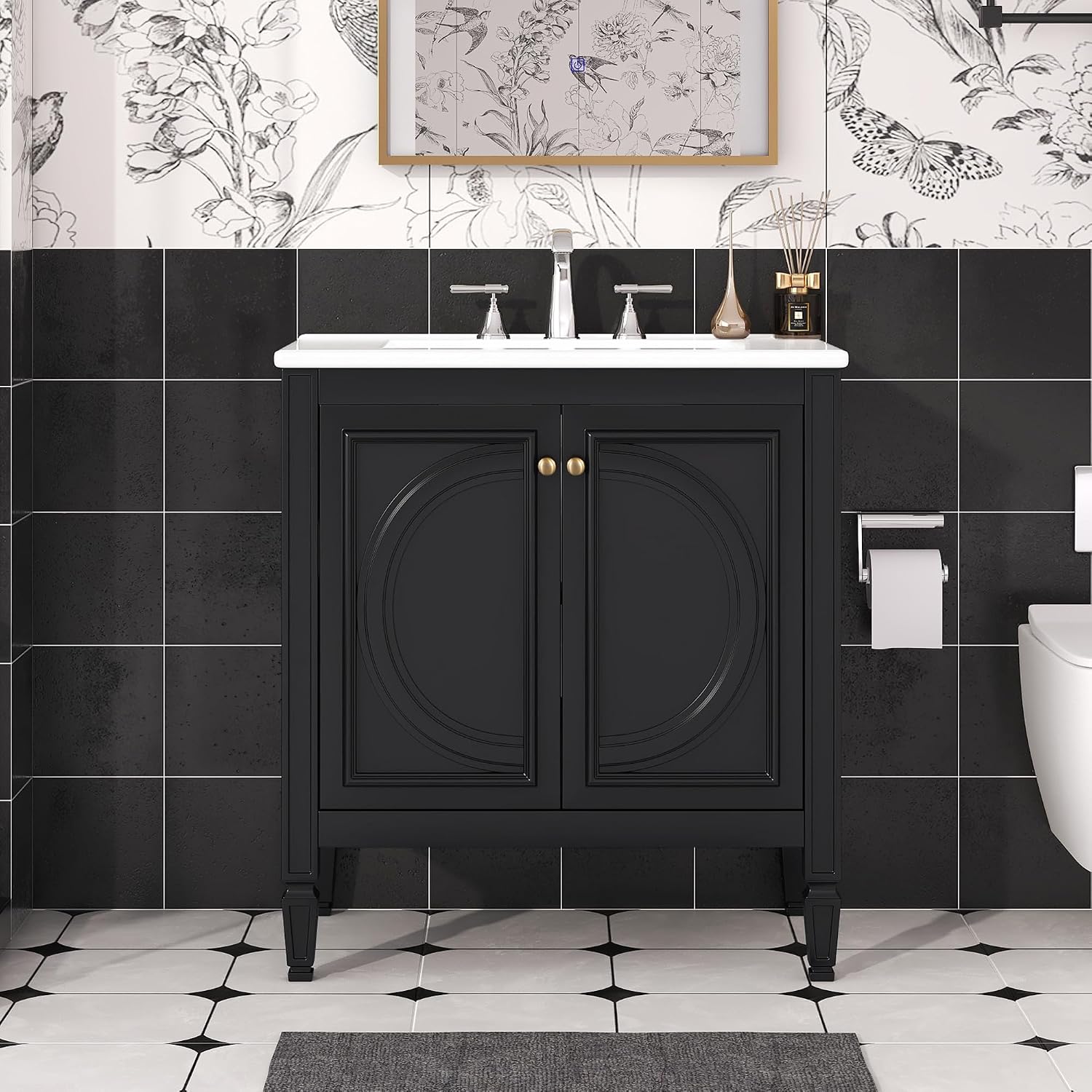 30 Inch Black Bathroom Vanity with Sink,Vintage Bathroom Sink Cabinet 30 Inch,Drop-In with Integrated Countertop,2 Storage Door Organizers & Sliding Tray,Adjustable Shelf,Soft Closing,Solid Wood Frame