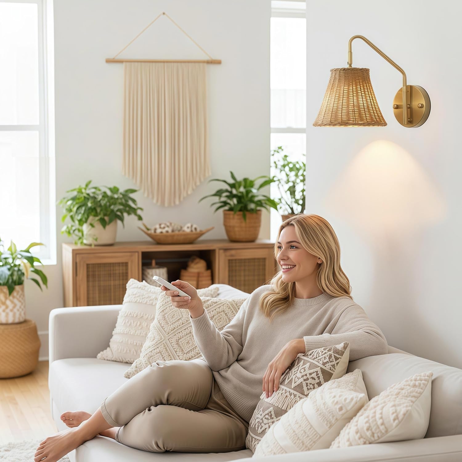 Boho Rattan Rechargeable Wall Sconce,Gold Swing Arm Wall Sconces Set of 2 Battery Operated,4200mAh Battery Operated Wall Sconce,Dimmable Remote Rechargeable Wall Lights for Bedroom,Living Room