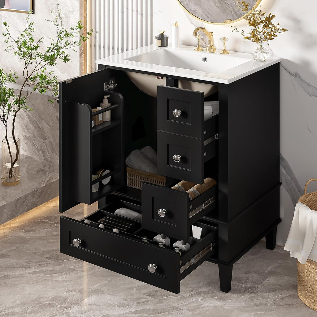 Bellemave 24' Bathroom Vanity with Sink Combo Set, Solid Wood Frame Bathroom Storage Cabinet with 3 Drawers, Soft Closing Cabinet Door with Organizer, Black