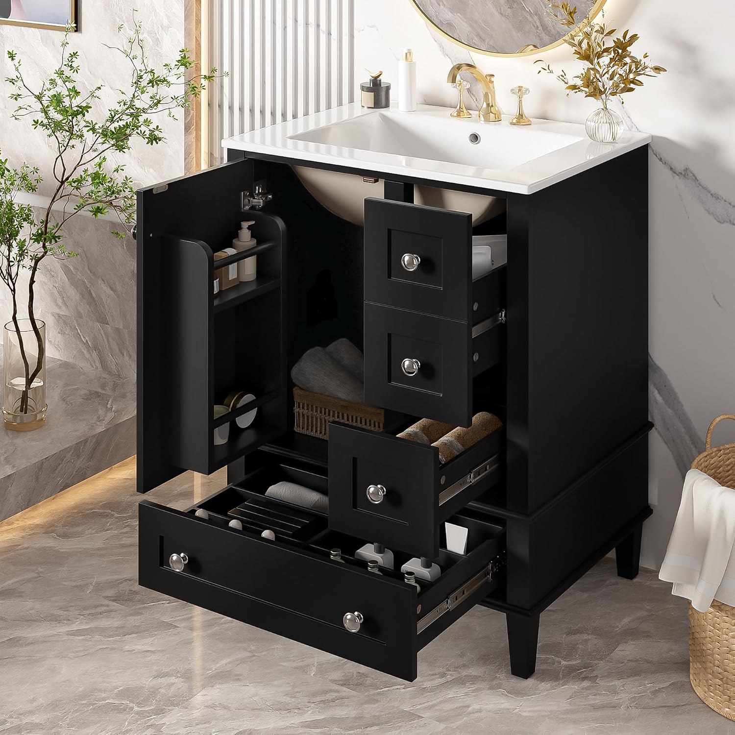 Bellemave 24' Bathroom Vanity with Sink Combo Set, Solid Wood Frame Bathroom Storage Cabinet with 3 Drawers, Soft Closing Cabinet Door with Organizer, Black