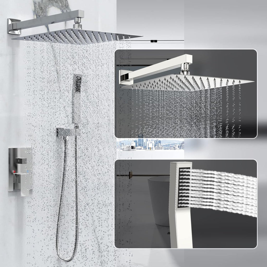 Rain Shower System 12 Inches Shower Head with Handheld Combo Set for Bathroom,High Pressure Rainfall Shower Faucet Set Wall Mounted,Rough-in Valve and Trim Kit(Chrome Polished)