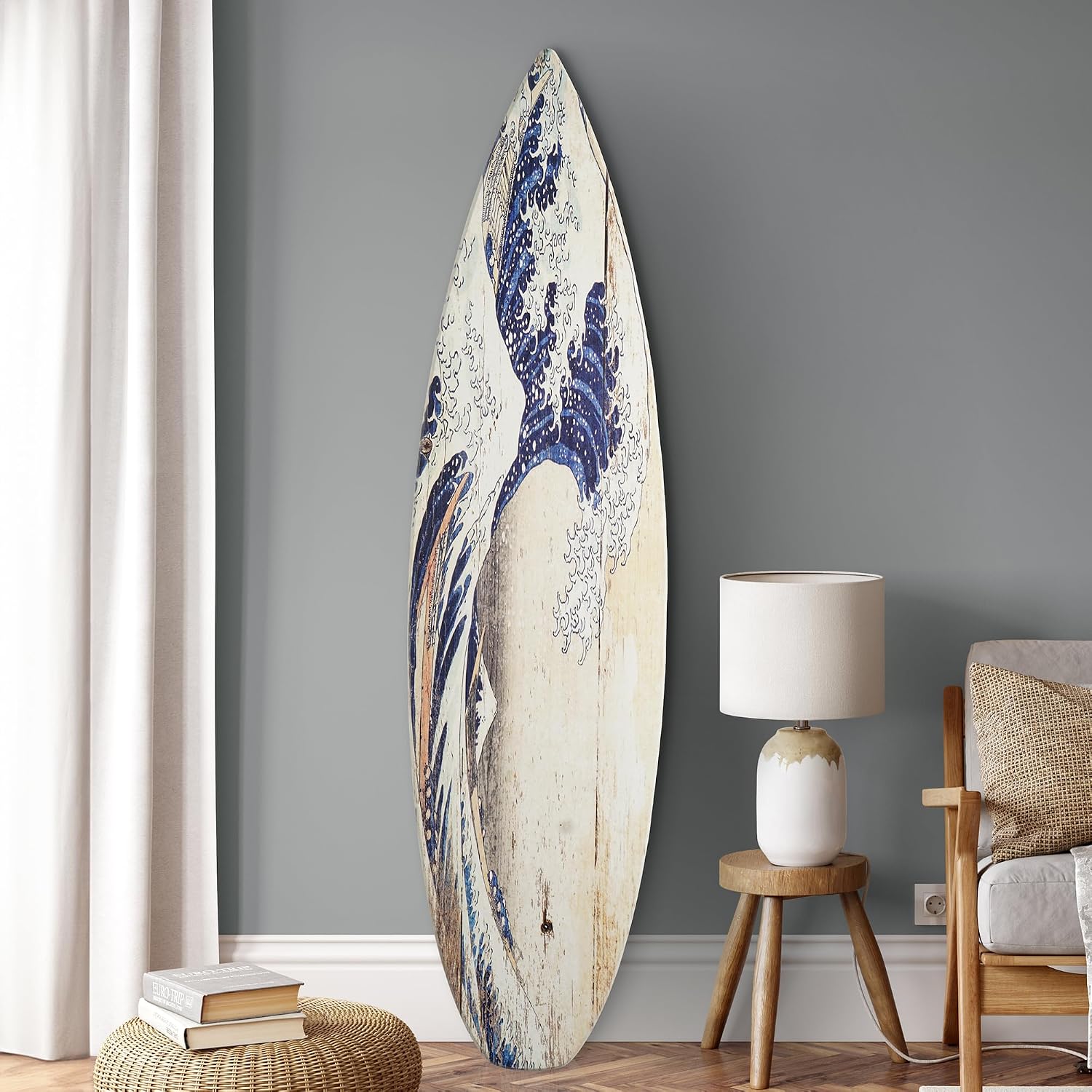 American Art Decor Surfboard Plaque Wall Sign - Beach House Wall Art - Large Tropical/Coastal Home Decor for Living Room, Bedroom, Bathroom, Patio, or Bar (The Great Wave off Kanagawa Wood, 60'x15')