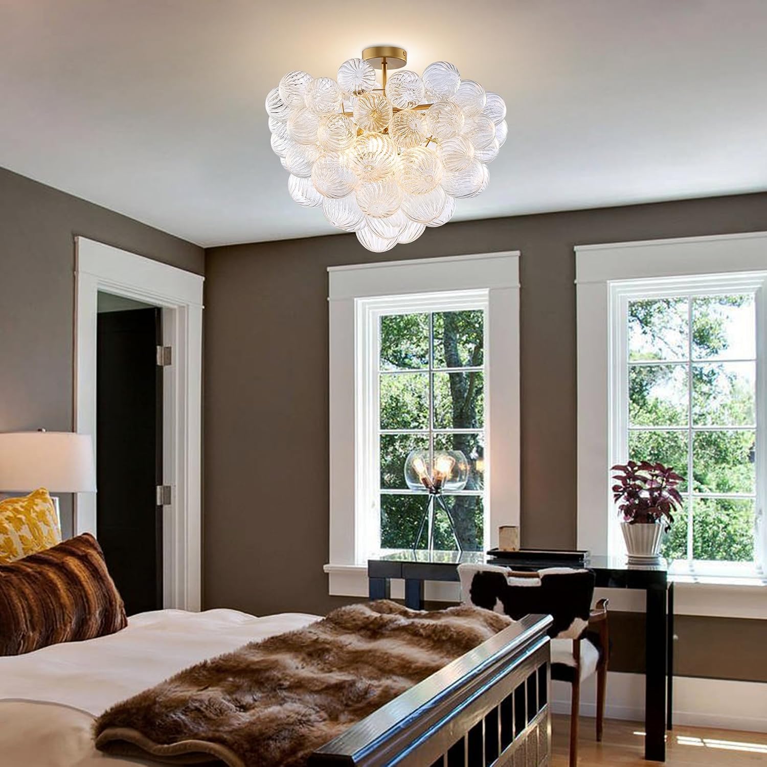 Semi Flush Mount Bubble Ball Chandelier Lighting 20 Inch Gold Clear Ribbed Blown Glass Chandeliers Ceiling Light Fixtures for Bedroom, Living Room, Entry, Bathroom