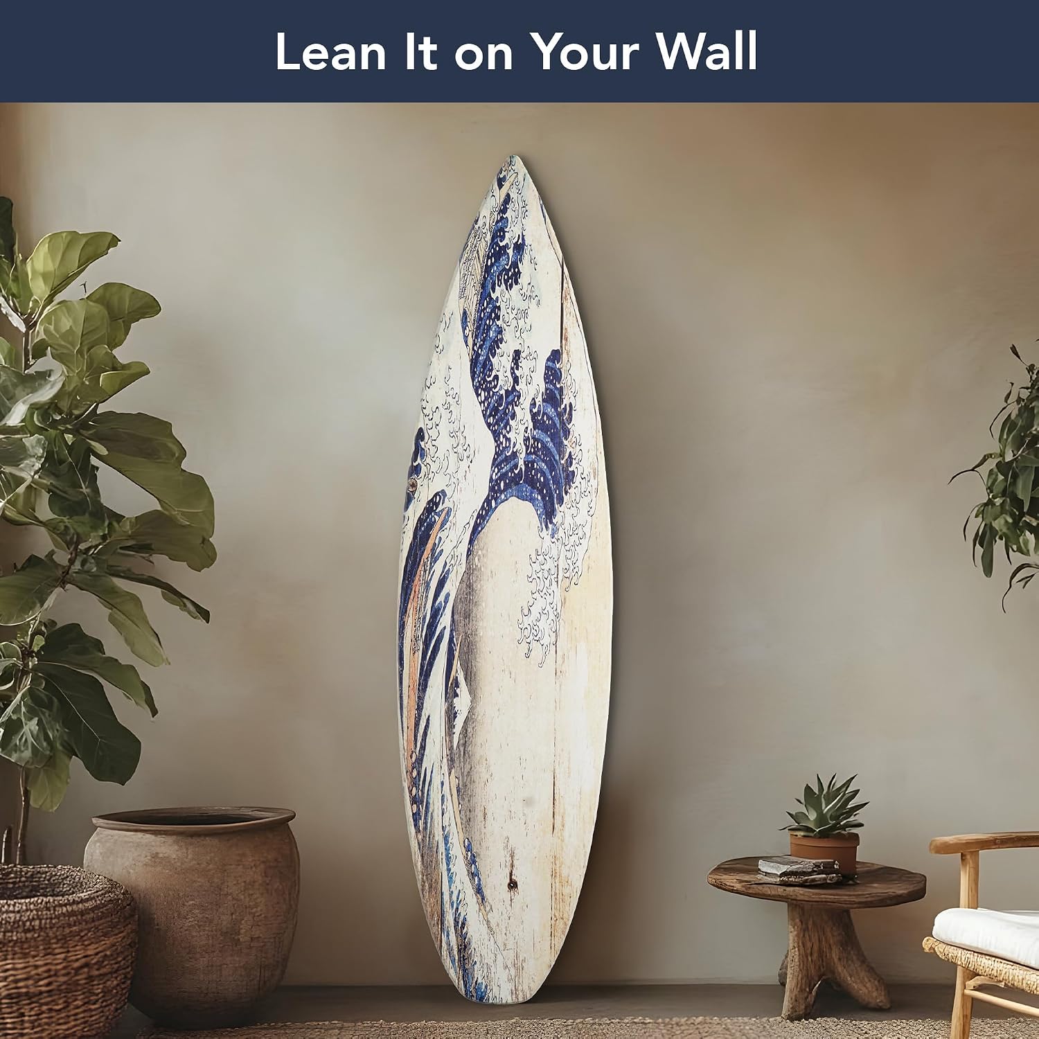 American Art Decor Surfboard Plaque Wall Sign - Beach House Wall Art - Large Tropical/Coastal Home Decor for Living Room, Bedroom, Bathroom, Patio, or Bar (The Great Wave off Kanagawa Wood, 60'x15')