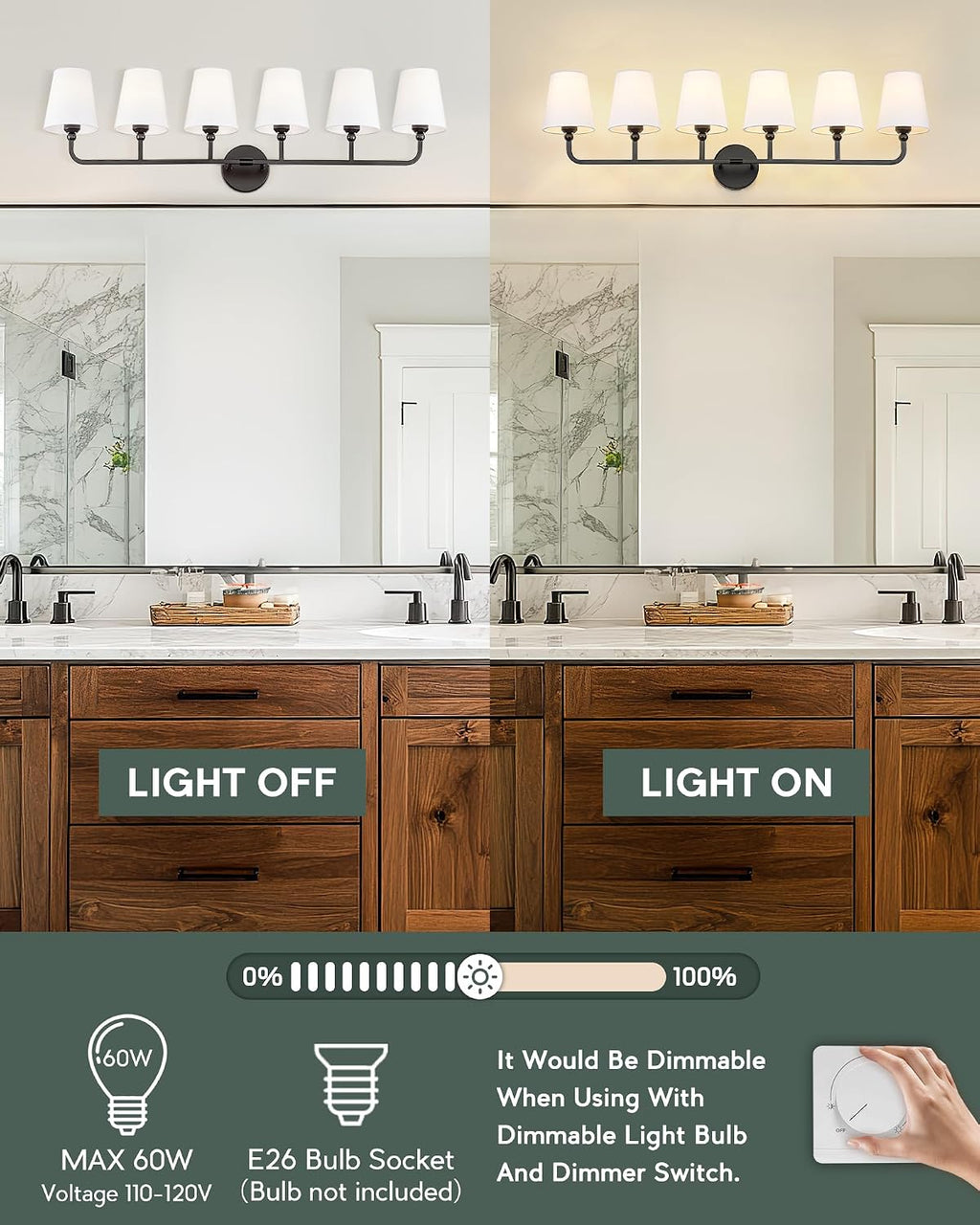 Bathroom Light Fixtures, 42 Inch Matte Black Vanity Lights with Flared White Fabric Shade, 6-Light Wall Sconce, Modern Sconces Wall Lighting for Hallway Bedroom, VL837-MB-6