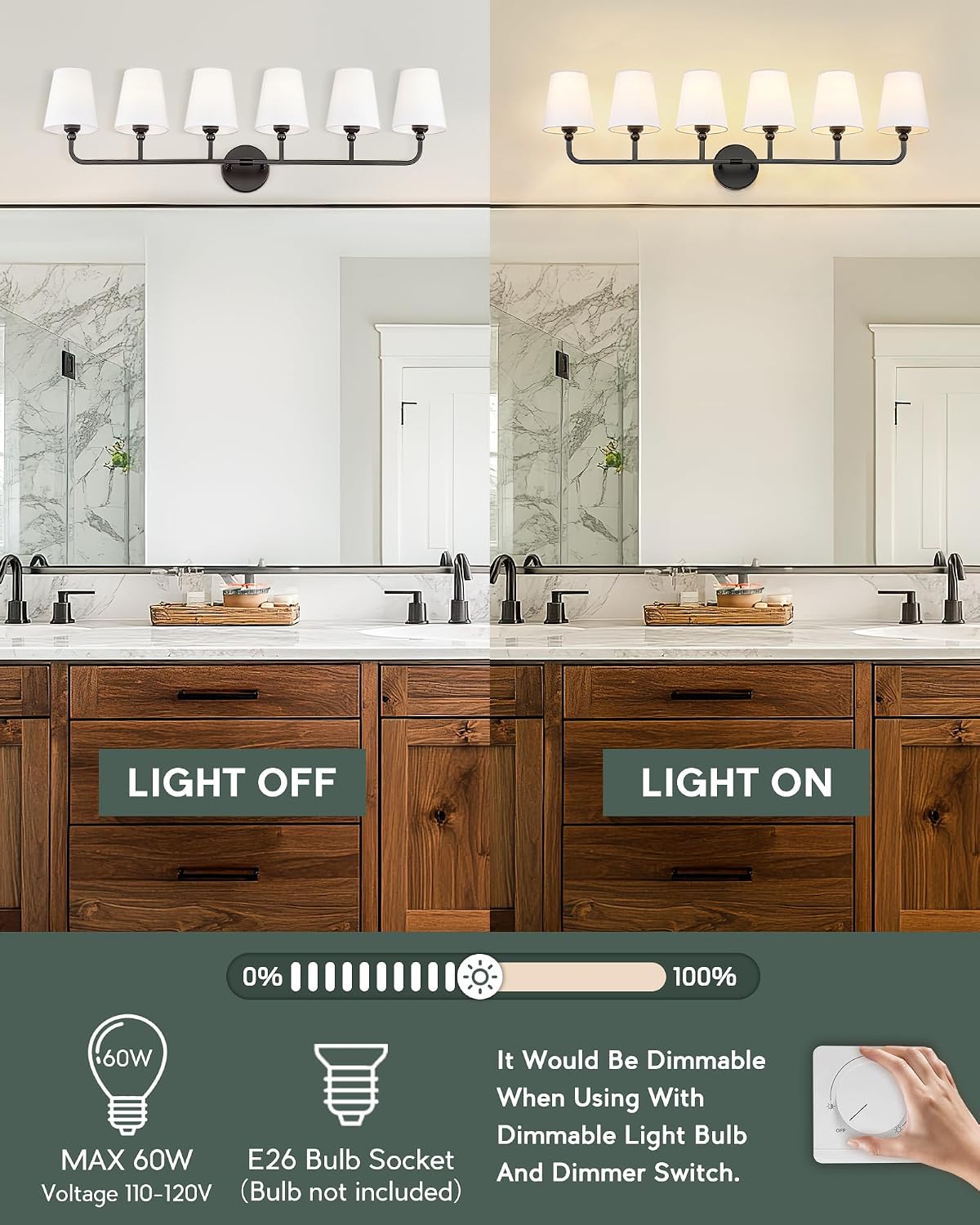 Bathroom Light Fixtures, 42 Inch Matte Black Vanity Lights with Flared White Fabric Shade, 6-Light Wall Sconce, Modern Sconces Wall Lighting for Hallway Bedroom, VL837-MB-6
