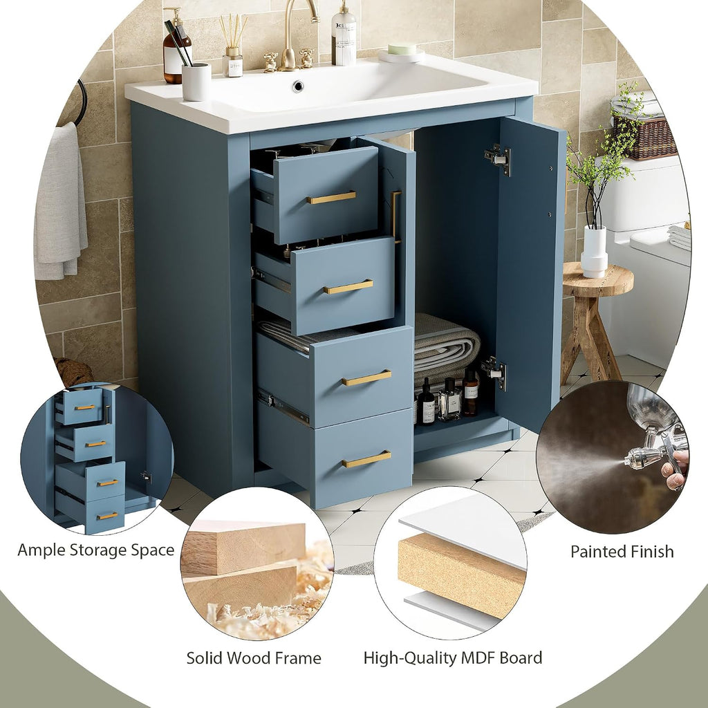 30 Inch Aqua Blue Bathroom Vanity with Sink & Gold Handles,Modern Bathroom Vanity Cabinet with Integrated Countertop,3 Left Drawers & 2 Soft Closing Doors,Solid Wood Frame,Herringbone Front