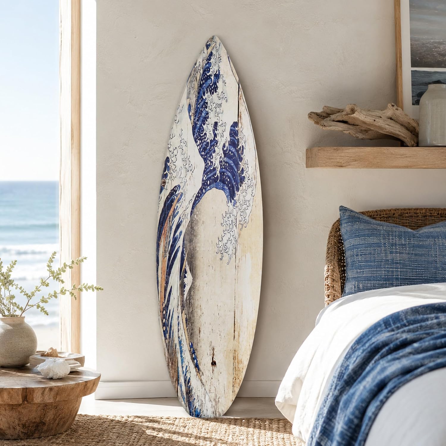 American Art Decor Surfboard Plaque Wall Sign - Beach House Wall Art - Large Tropical/Coastal Home Decor for Living Room, Bedroom, Bathroom, Patio, or Bar (The Great Wave off Kanagawa Wood, 60'x15')