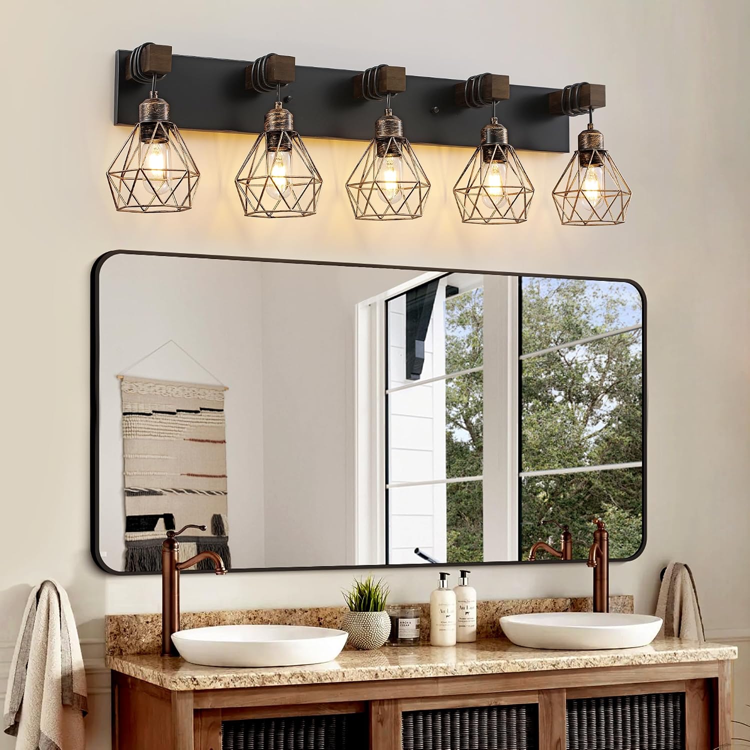 Farmhouse Bathroom Vanity Light Fixtures, 5-Light Wood Bathroom Light Fixtures Over Mirror, Rustic Sconces Wall Lighting with Elegant Metal Lampshade for Living Room, Bedroom, Hallway