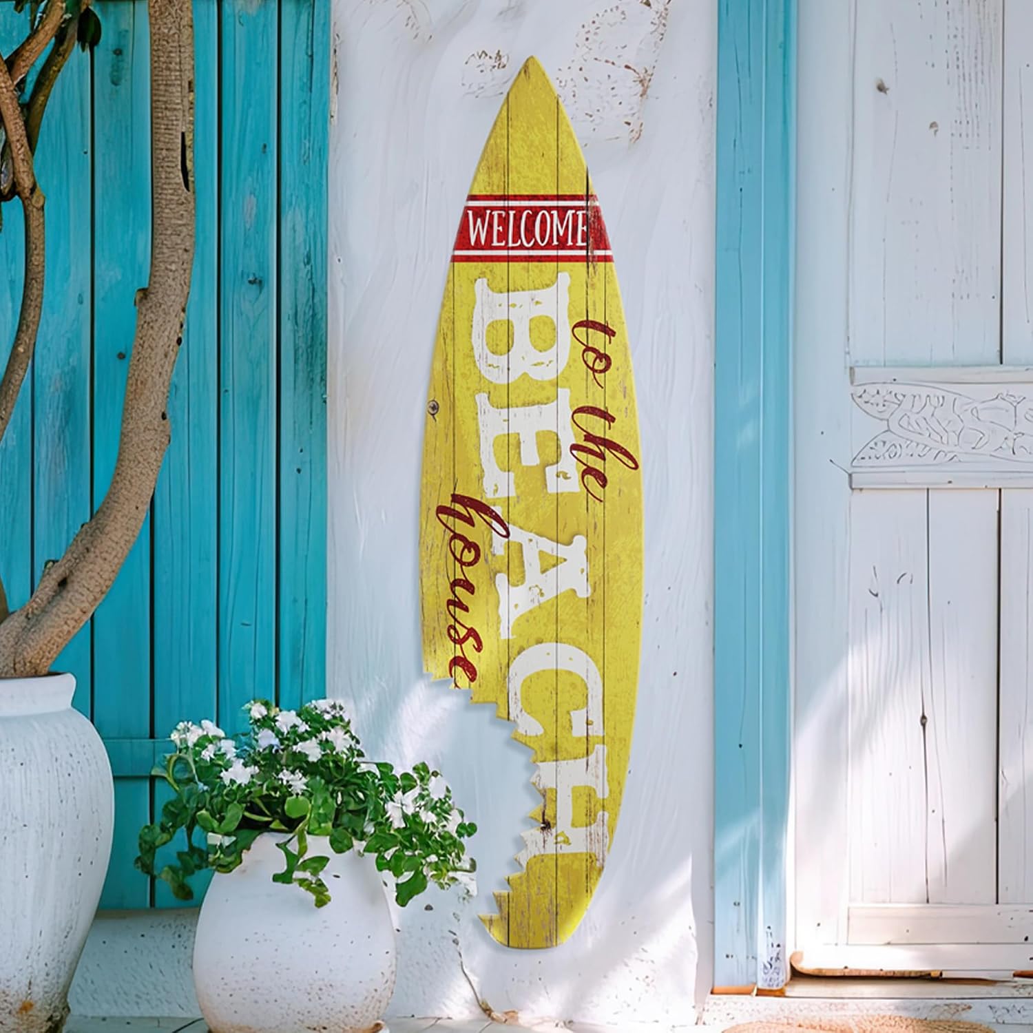 American Art Decor Welcome to the Beach House Shark Bite Wood Surfboard Plaque Wall Art Indoor Decor Sign Beach Themed Plank for Tiki Bar, Bedroom, Living Room, Garage, Man Cave, 60'x15'