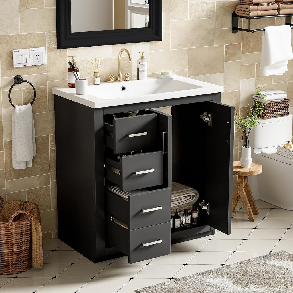30 Inch Black Bathroom Vanity with Sink and Countertop,Solid Wood Frame Bathroom Cabinet with Sink,Modern Sink Storage Cabinet with 3 Drawers & Soft Closing Doors,Sliver Handles