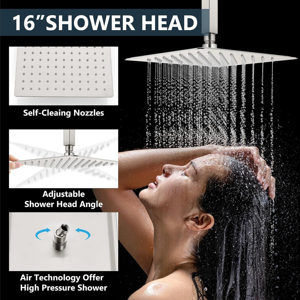 Aolemi Ceiling Mount Shower System Rain Shower Head with Handheld Spray High Pressure Shower Faucet Set Rough-in Valve Shower Trim Kit Included Bathroom Brushed Nickel 16 Inch Ceiling Shower Head