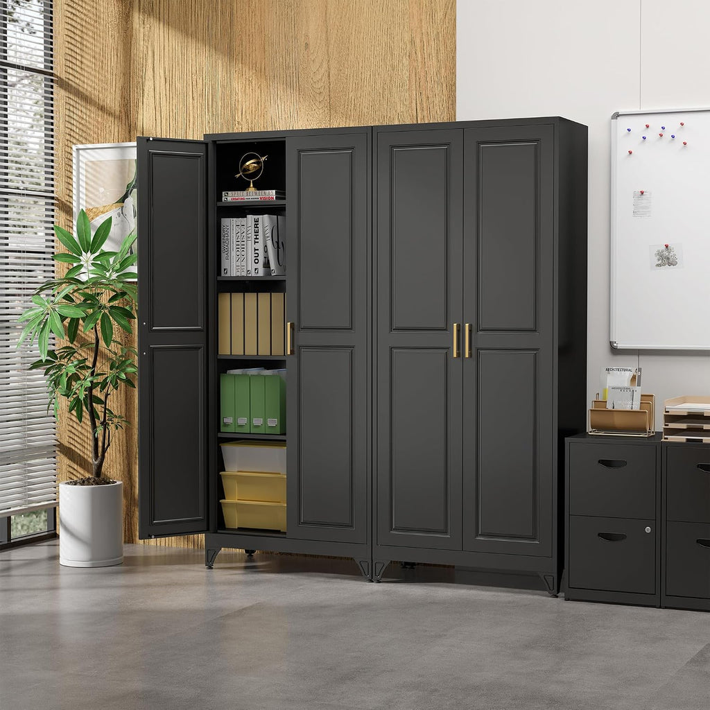 SteeLoong Kitchen Pantry Cabinet,75'Black Metal Storage Cabinets with Doors and 4 Adjustable Shelves,Kitchen Cabinet with 2 Gold Handles,Tall Cabinet for Livingroom, Bathroom