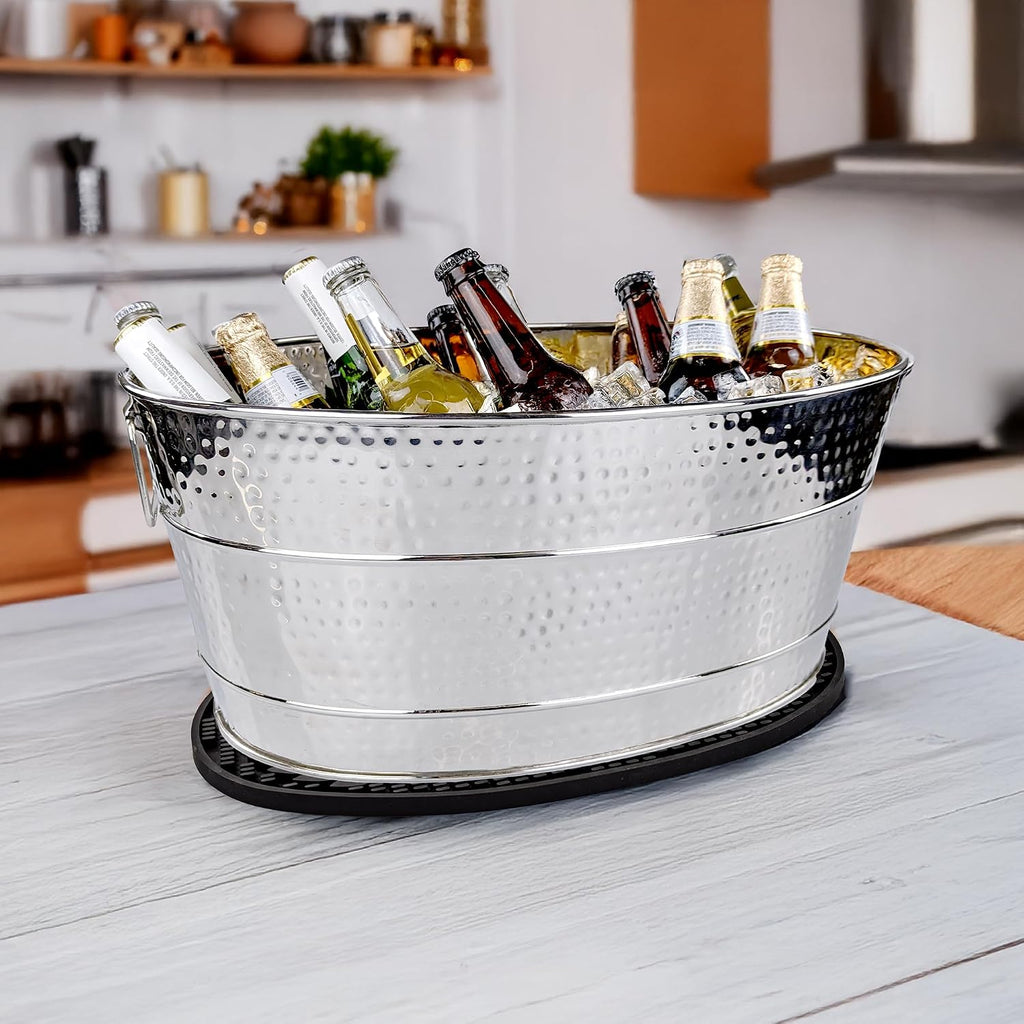 BREKX Stainless Steel Beverage Tub + Insulated Multi-Functional Bar Mat for Parties & Events (6-Gallon), Large Ice Bin for Drinks with Rubber Drying Mat Set