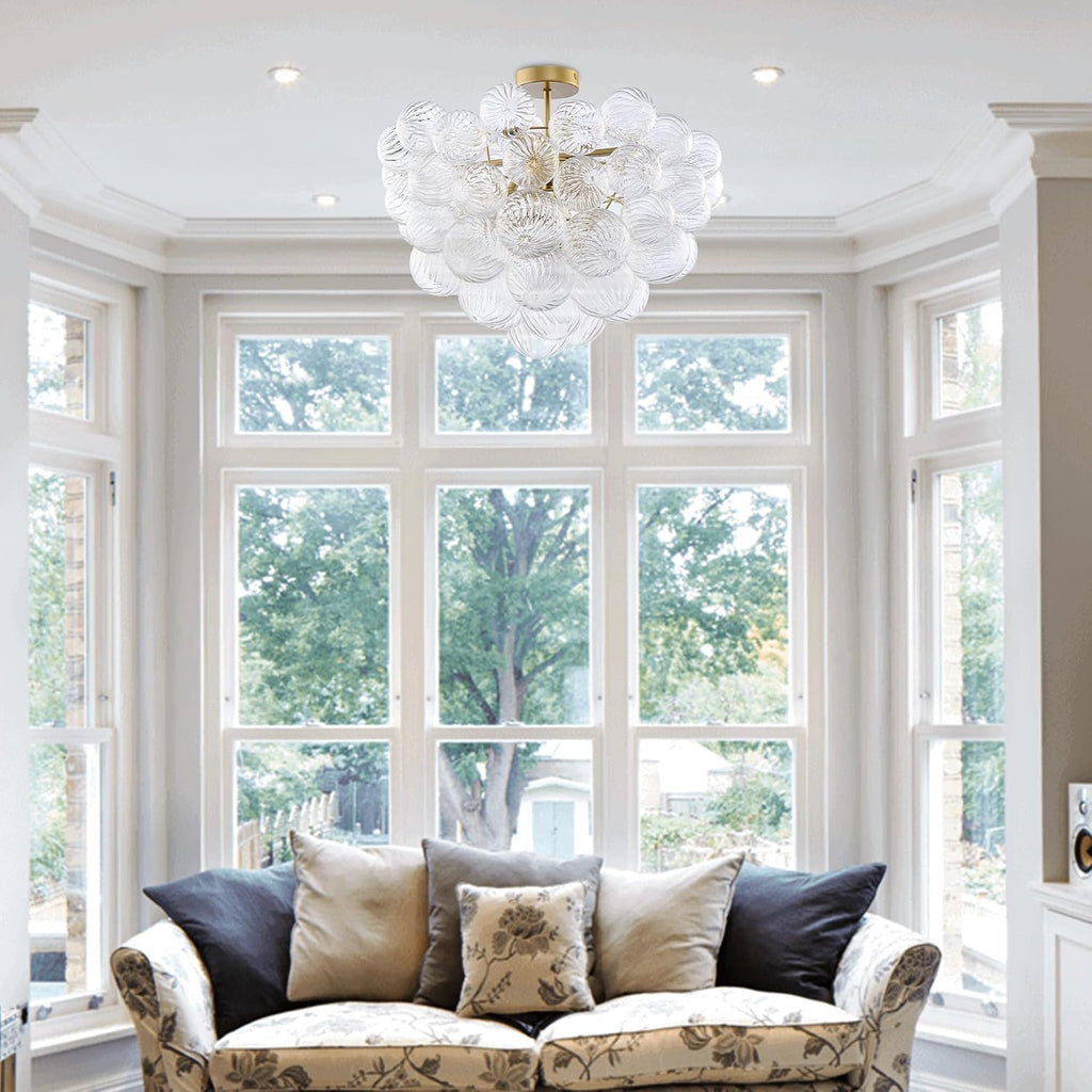 Semi Flush Mount Bubble Ball Chandelier Lighting 20 Inch Gold Clear Ribbed Blown Glass Chandeliers Ceiling Light Fixtures for Bedroom, Living Room, Entry, Bathroom
