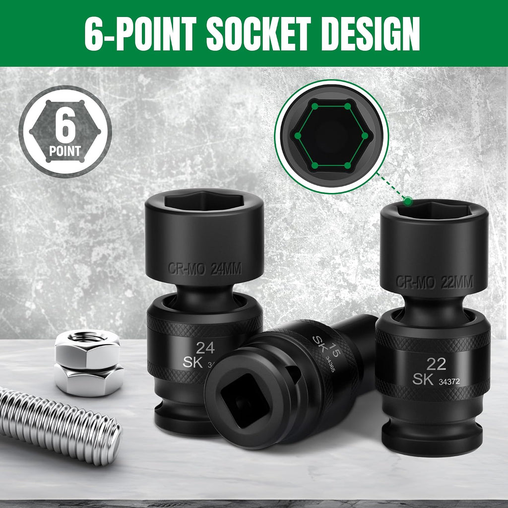 SK 1/2' Drive Universal Swivel Impact Socket Set, Metric Socket Set, 15-Piece, Premium CR-MO Steel, SureGrip 6 Point Design, with Storage Case