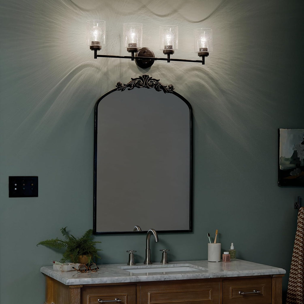 Kichler Winslow 30' 4-Light Bathroom Vanity Light Fixture with Clear Seeded Glass in Black, Modern Industrial Style for Bathroom and Powder Room, (30' x 9.25' x 6.5'), 45887BK