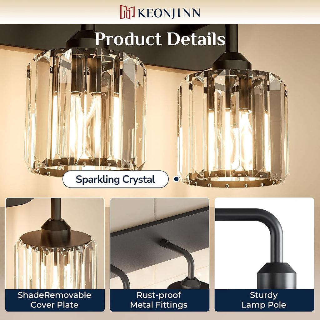 Keonjinn 4-Light Bathroom Light Fixtures, Crystal Black Bathroom Vanity Lights Over Mirror, Vanity Lighting Fixtures with Crystal Square Shades (E26 Socket, Exclude Bulb)