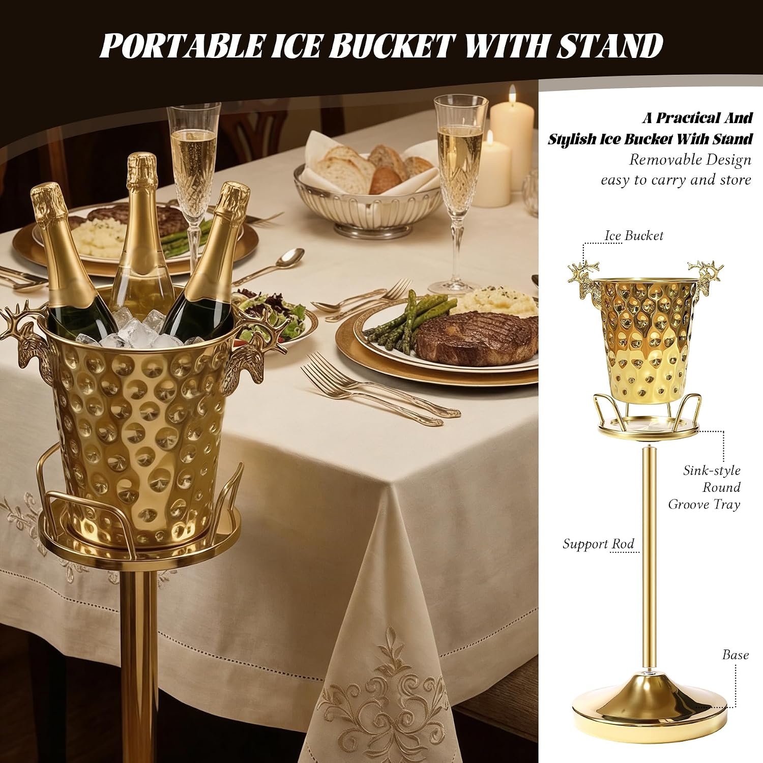 Champagne Bucket with Stand,Ice Bucket kits with Stand (Antler Texture Gold, 2 packs)