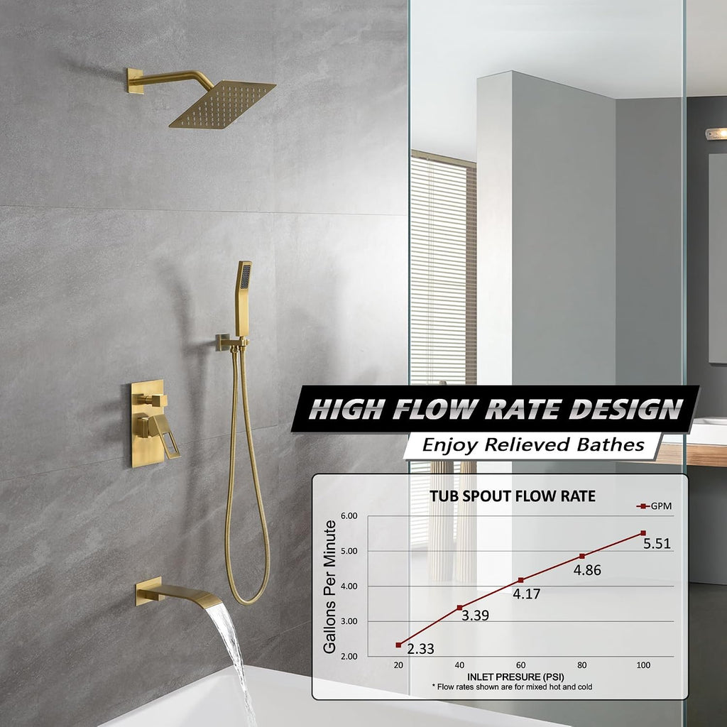 sumerain Tub and Shower Faucet System with Waterfall Tub Spout and Handheld Shower Head, Pressure-Balanced Valve, Brushed Gold