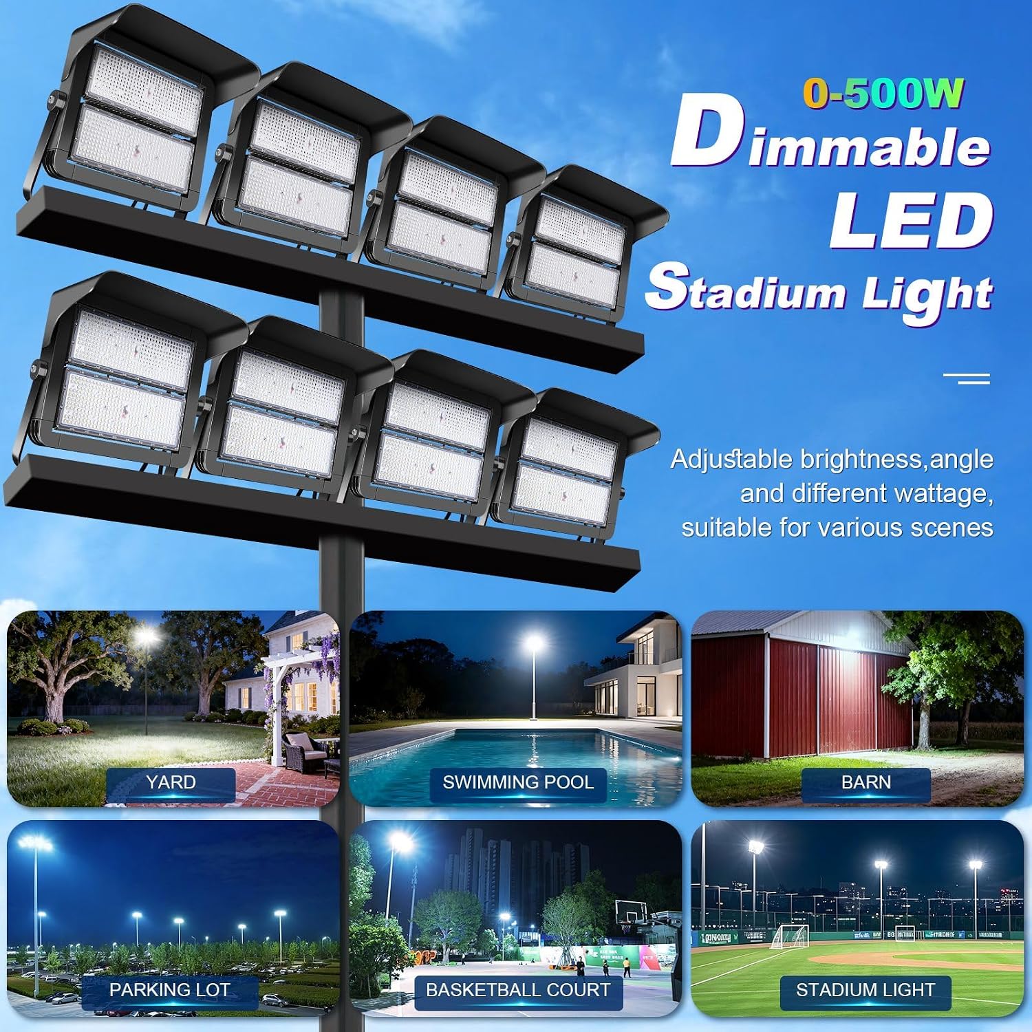 75000LM Dimmable Led Stadium Flood Light 3000W Equivalent Super Bright 0-500w Led Arena Lights 100-277v 5000k Yoke Mount Ip66 Waterproof Outdoor Wall Light Commercial for,Yard,Barn,Court
