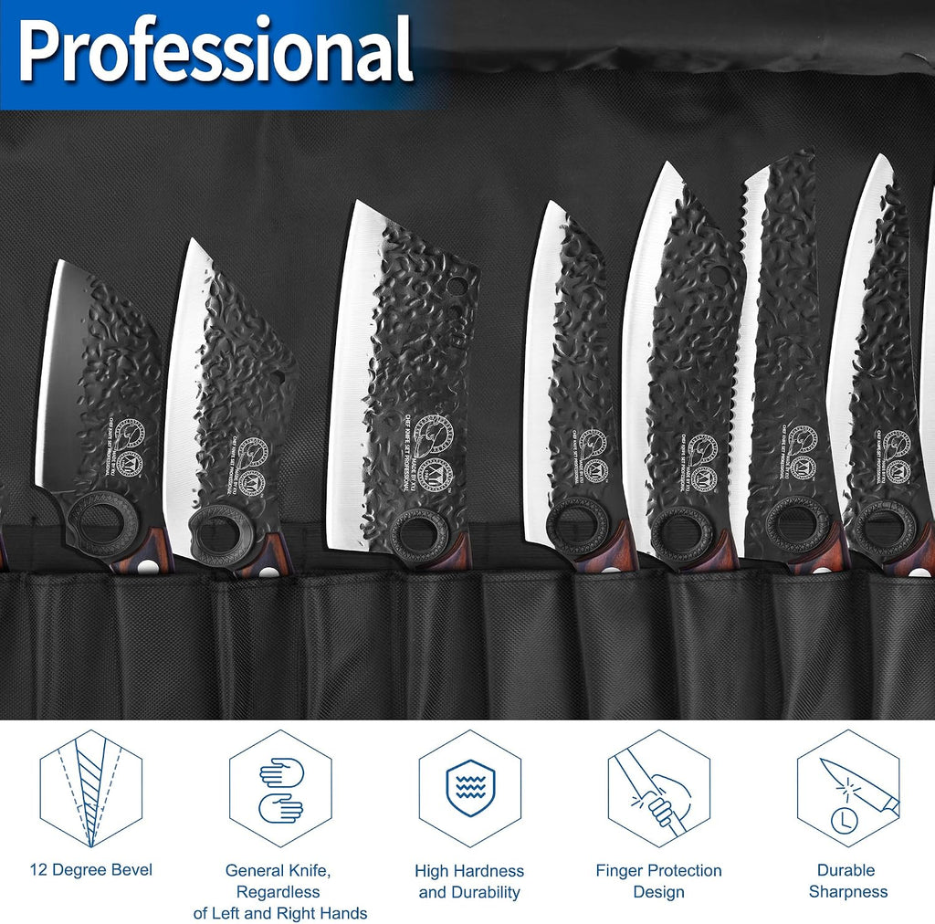 XYJ Professional Kitchen Knife Set with High-Carbon Steel Forged Blades, Chef's Knife, Cleaver, Carving Knife, Nakiri, Full Tang Design, Includes Carrying Bag & Poultry Scissors