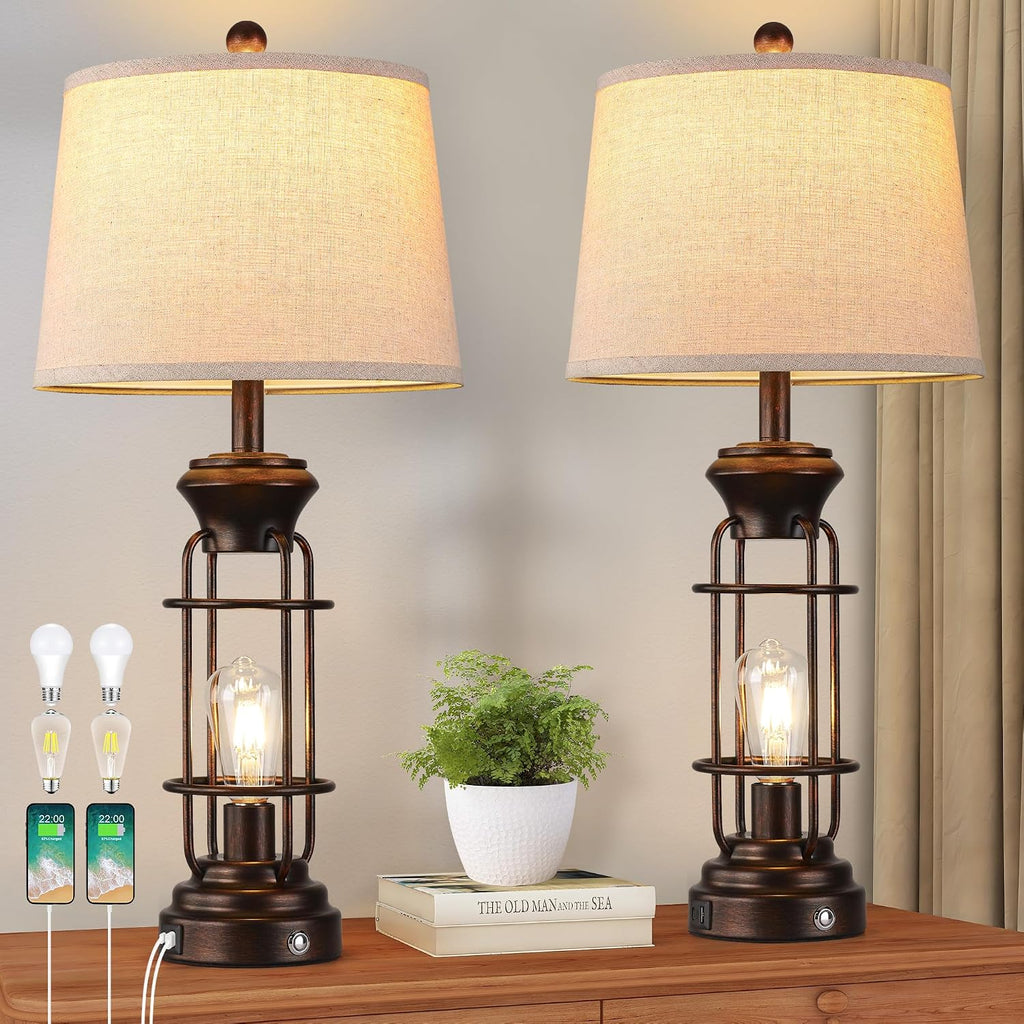 Table Lamps for Living Room Set of 2, 28.5' Farmhouse Lamps for Nightstand with USB C+A Ports, Touch Lamps for Bedroom, LED Bulbs Included