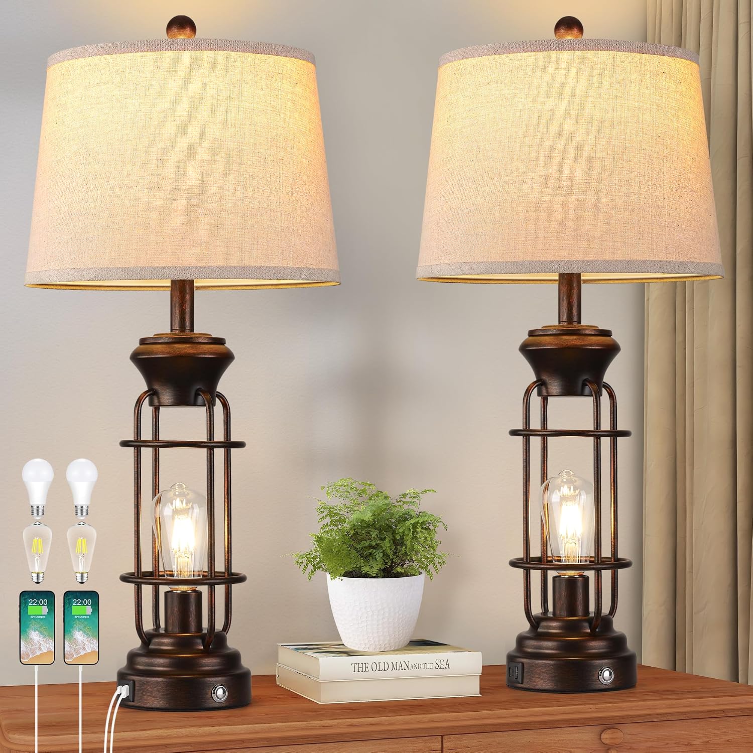 Table Lamps for Living Room Set of 2, 28.5' Farmhouse Lamps for Nightstand with USB C+A Ports, Touch Lamps for Bedroom, LED Bulbs Included