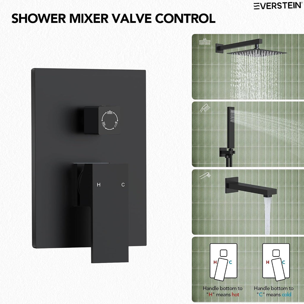 Shower Tub Faucet Set, 10' Bathroom Rainfall Shower Head Fixtures Combo with Handheld Spray and Tub Spout, Matte Black (Valve Included)