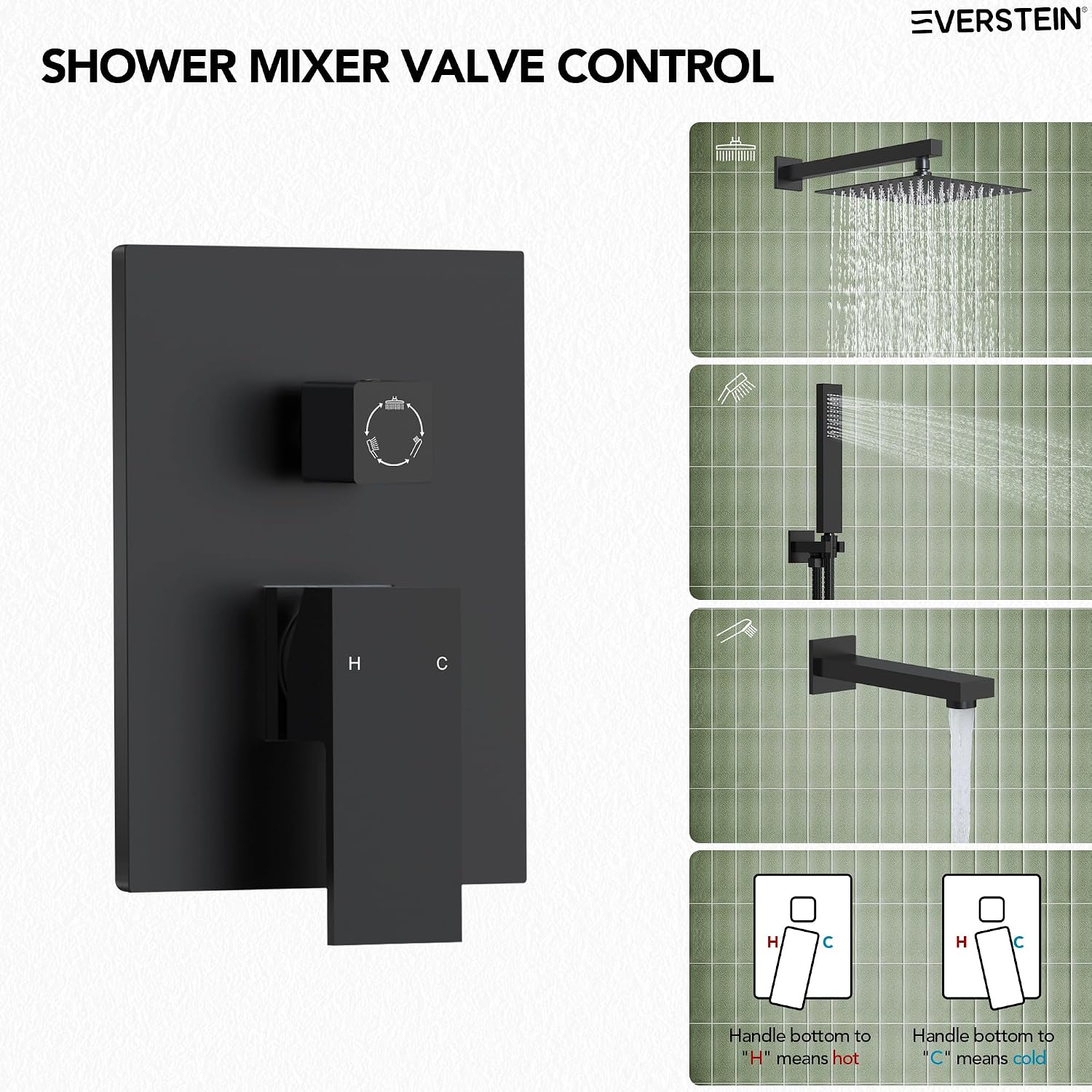 Shower Tub Faucet Set, 10' Bathroom Rainfall Shower Head Fixtures Combo with Handheld Spray and Tub Spout, Matte Black (Valve Included)