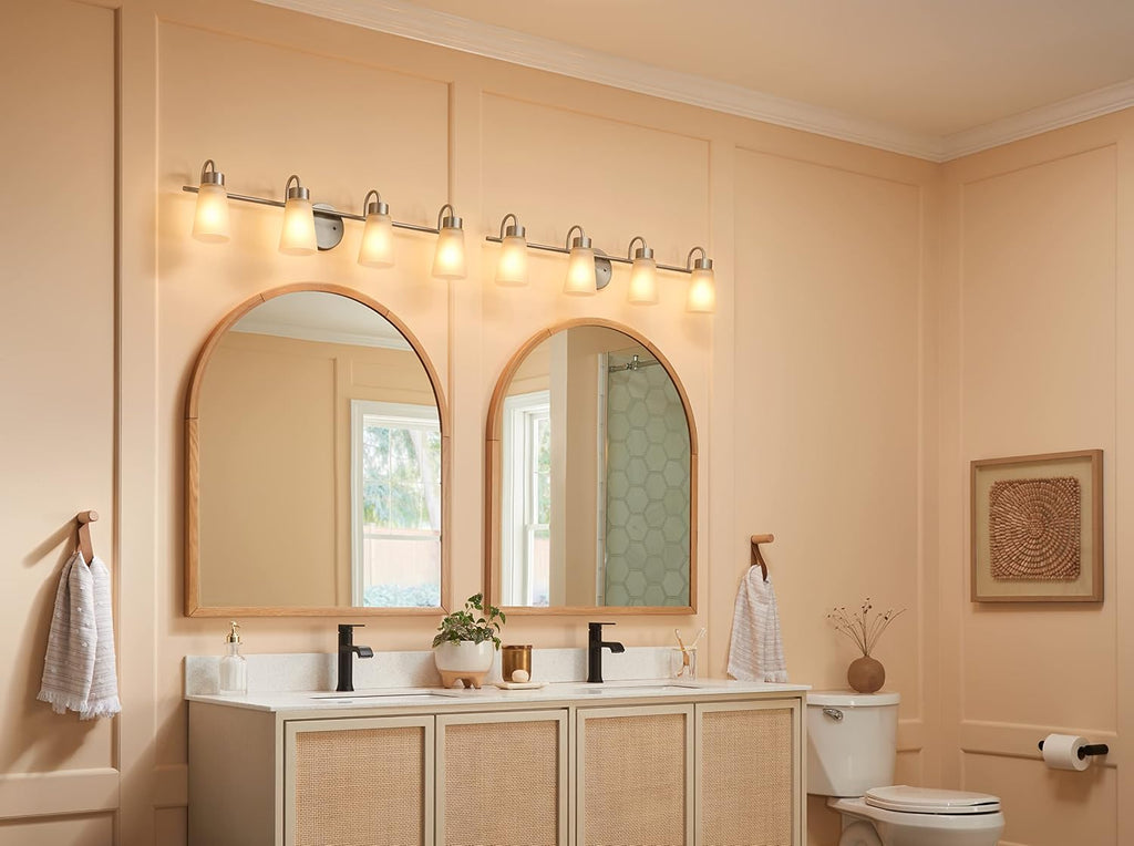 Kichler Stamos 4-Light Bathroom Vanity Light Fixture with Satin Etched Glass Shades, 26 in Modern Wall Light in Brushed Nickel for Bathroom Mirror (26 in x 8 in x 5 in), 55122NI