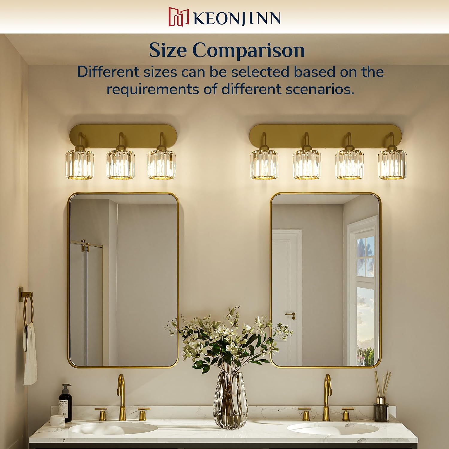 Keonjinn 4-Light Bathroom Light Fixtures, Crystal Gold Bathroom Vanity Lights Over Mirror, Vanity Lighting Fixtures with Crystal Square Shades (E26 Socket, Exclude Bulb)