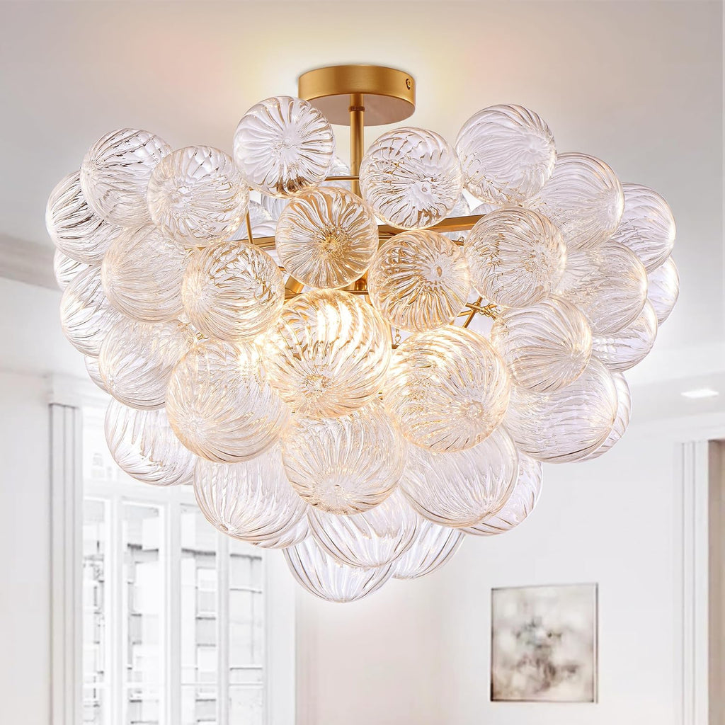 Semi Flush Mount Bubble Ball Chandelier Lighting 24 Inches Gold Clear Ribbed Blown Glass Chandeliers Ceiling Light Fixture for Bedroom, Living Room, Entry, Bathroom
