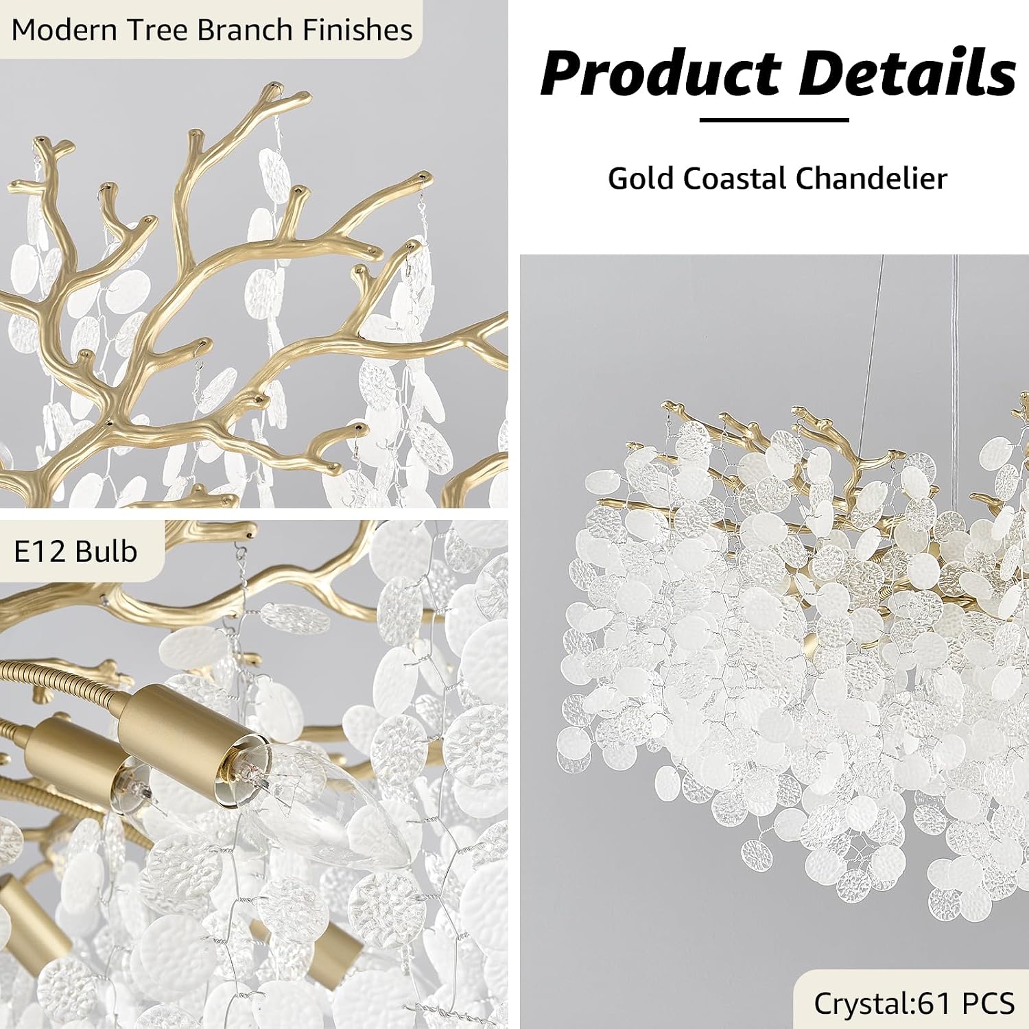 24-Inch Capiz Shell Chandelier, 8-Light Gold Coastal Chandelier, Modern Crystal Tree Branch Chandeliers, Boho Light Fixture for Bedroom, Living Room, Foyer, Entryway, Stairwell
