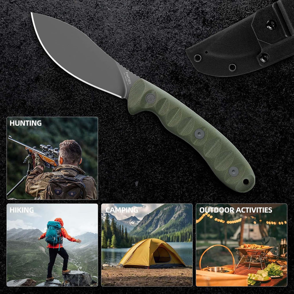 FINTISO Nazar Fixed Blade Knife with Kydex Sheath, 4.24' 14C28N Blade Olive G10 Handles, Titanium-coated, Full Tang Design, Lanyard, for Men Outdoor Activities, Camping, Hiking, EDC Carry.