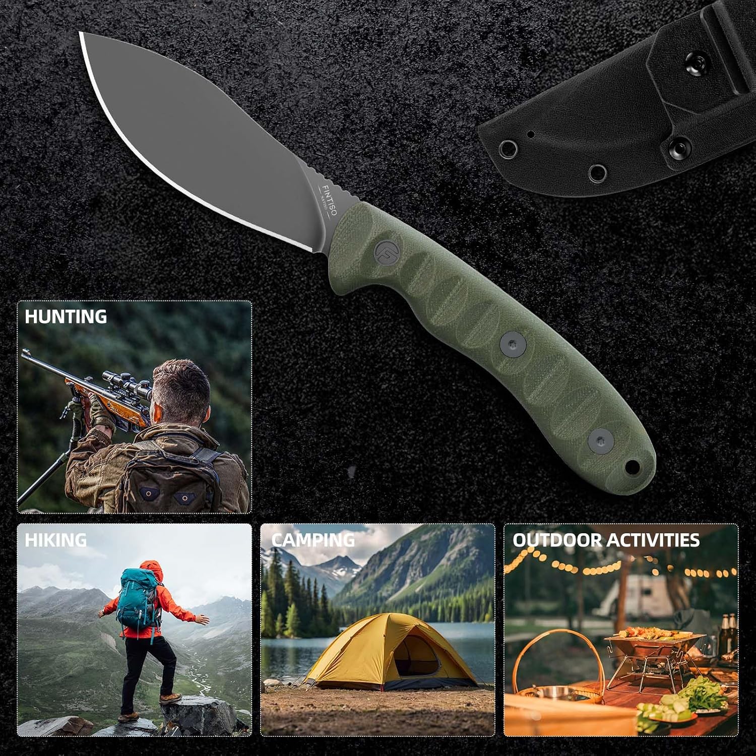 FINTISO Nazar Fixed Blade Knife with Kydex Sheath, 4.24' 14C28N Blade Olive G10 Handles, Titanium-coated, Full Tang Design, Lanyard, for Men Outdoor Activities, Camping, Hiking, EDC Carry.