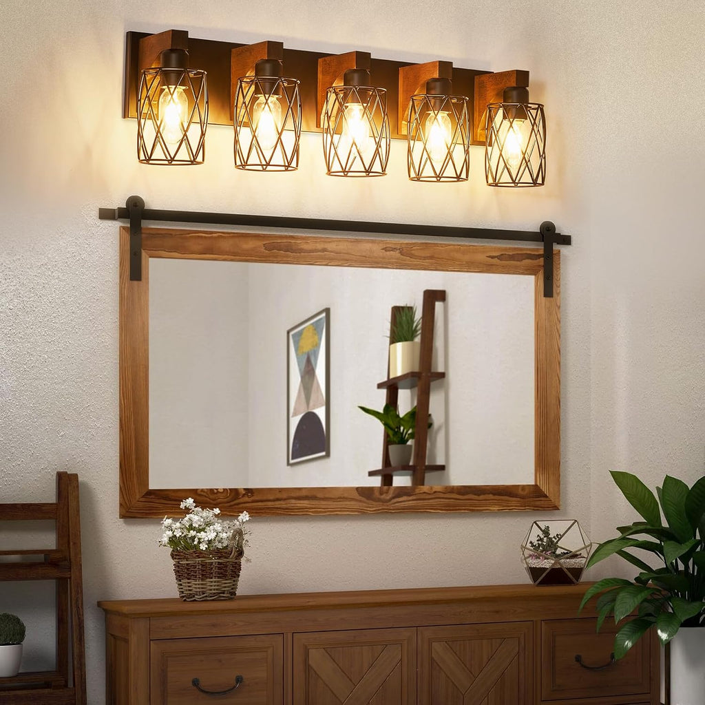 5-Light Farmhouse Bathroom Vanity Light, Wood Bathroom Lighting Fixtures Over Mirror, Black Vanity Light Fixtures with Cage Metal Shade, Rustic Bathroom Light with E26 Base