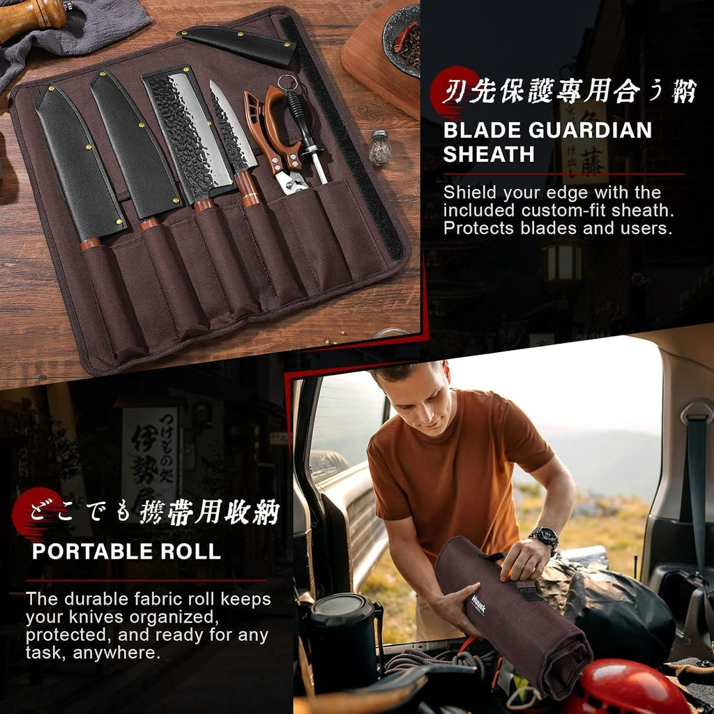 Huusk Japanese Knife Set 6pcs with Covers - Professional Chef Knife Set with Bag & Sharpener, High Carbon Steel Forged Knives Sets with Scissors, Japanese Kitchen Knives Sets, Fathers Day Gift